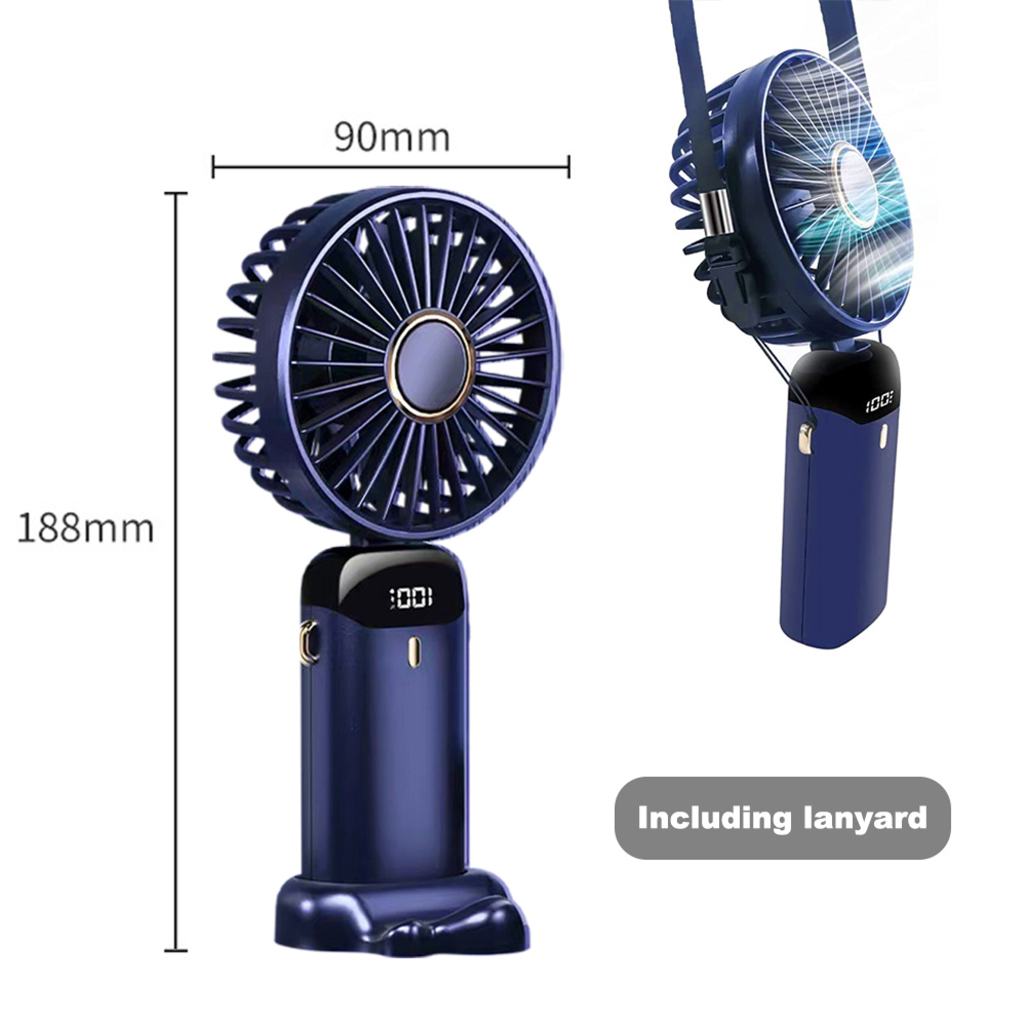 Ein blauer, tragbarer Ventilator mit Display und Lanyard. Maße 188x90mm.
