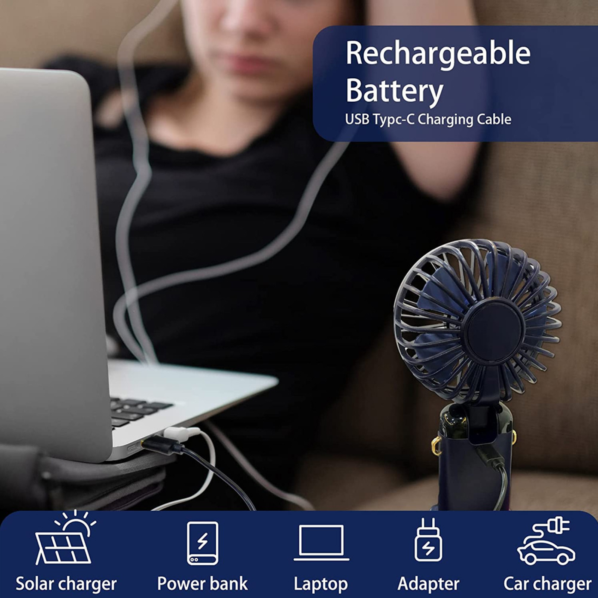 Person benutzt Laptop, Lüfter und Ladekabel. Symbole zeigen Solarladegerät, Powerbank, Laptop, Adapter, Autoladegerät.