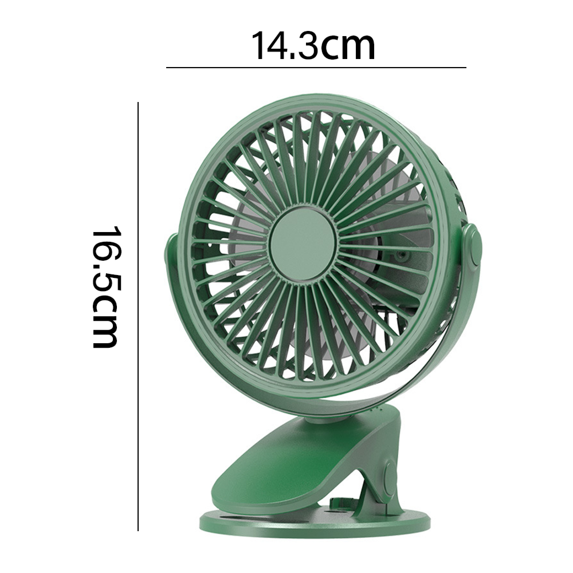 Ein kleiner grüner Ventilator mit Clip-Basis, 16,5 cm hoch, 14,3 cm breit.