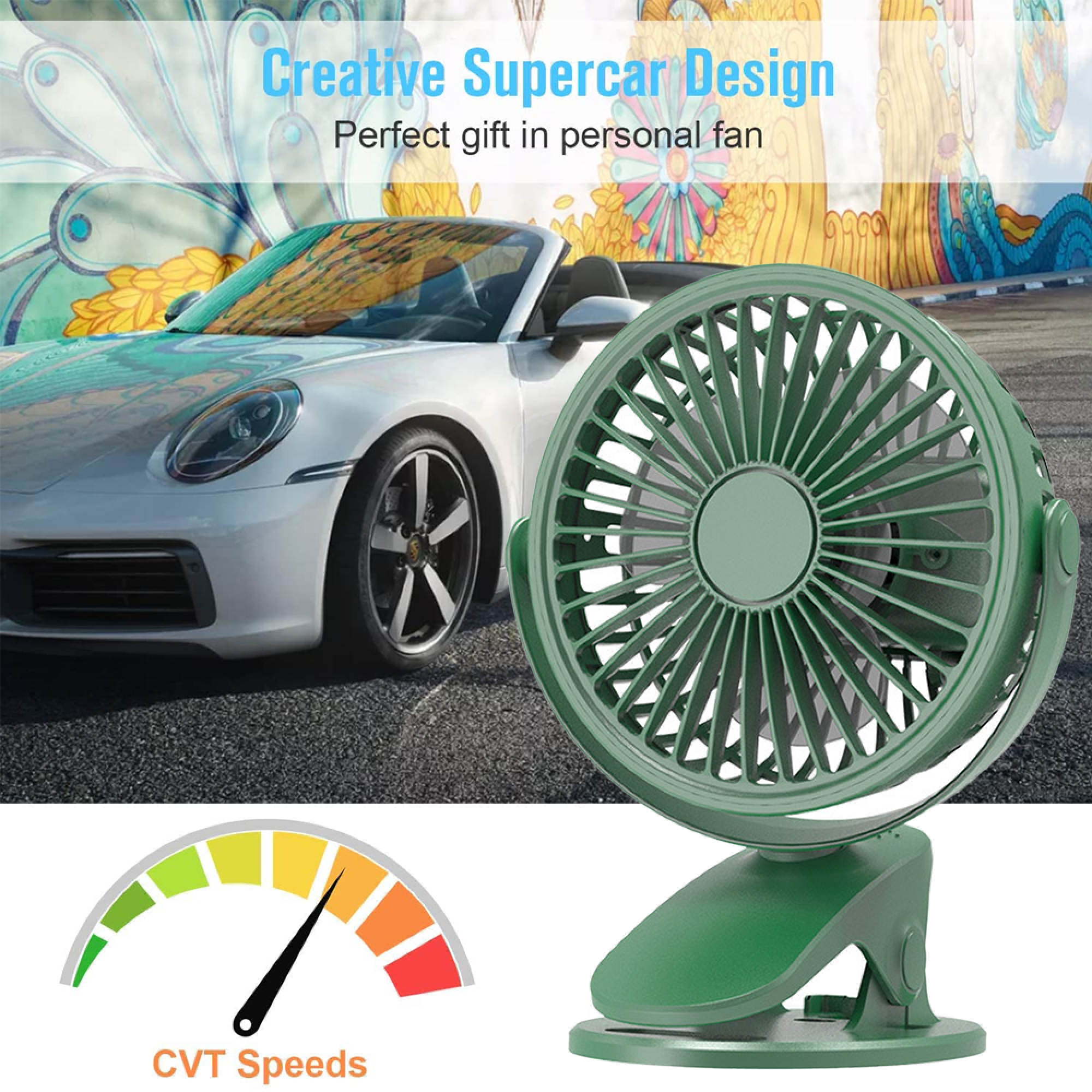 Grüner Ventilator neben einem weißen Auto vor bunter Wandkunst. Tachometer-Anzeige.