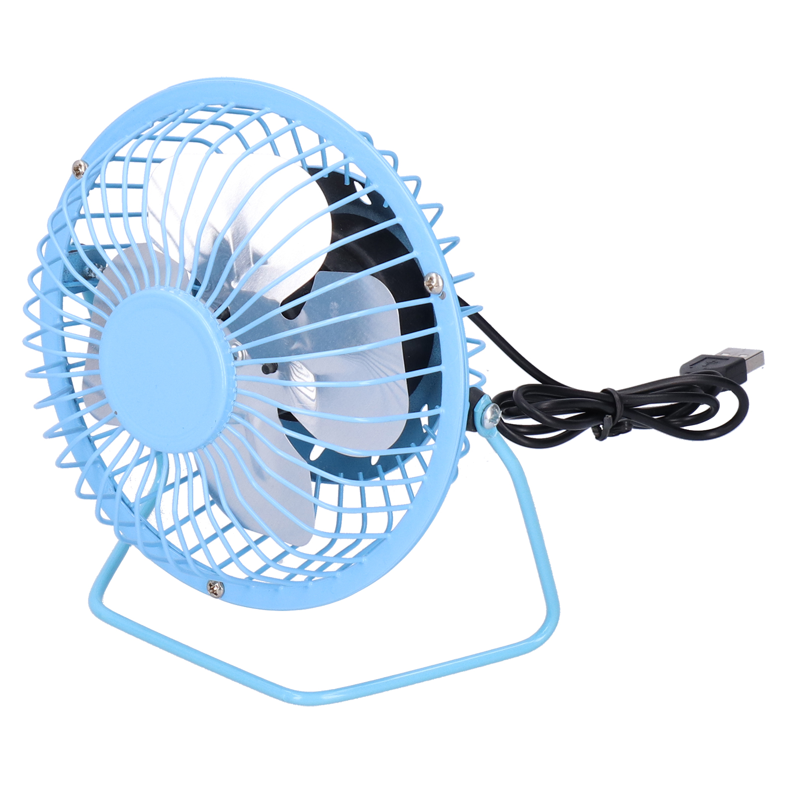 Ein kleiner blauer USB-Tischventilator mit silbernen Rotorblättern und schwarzem Kabel.