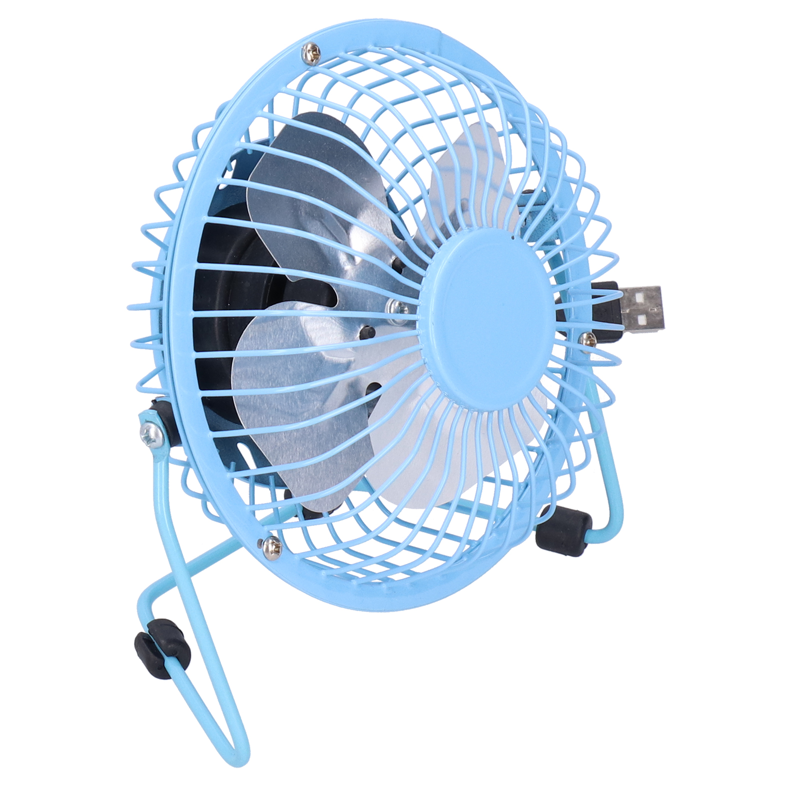 Ein kleiner blauer USB-Ventilator mit Metallflügeln und zwei Ständern.