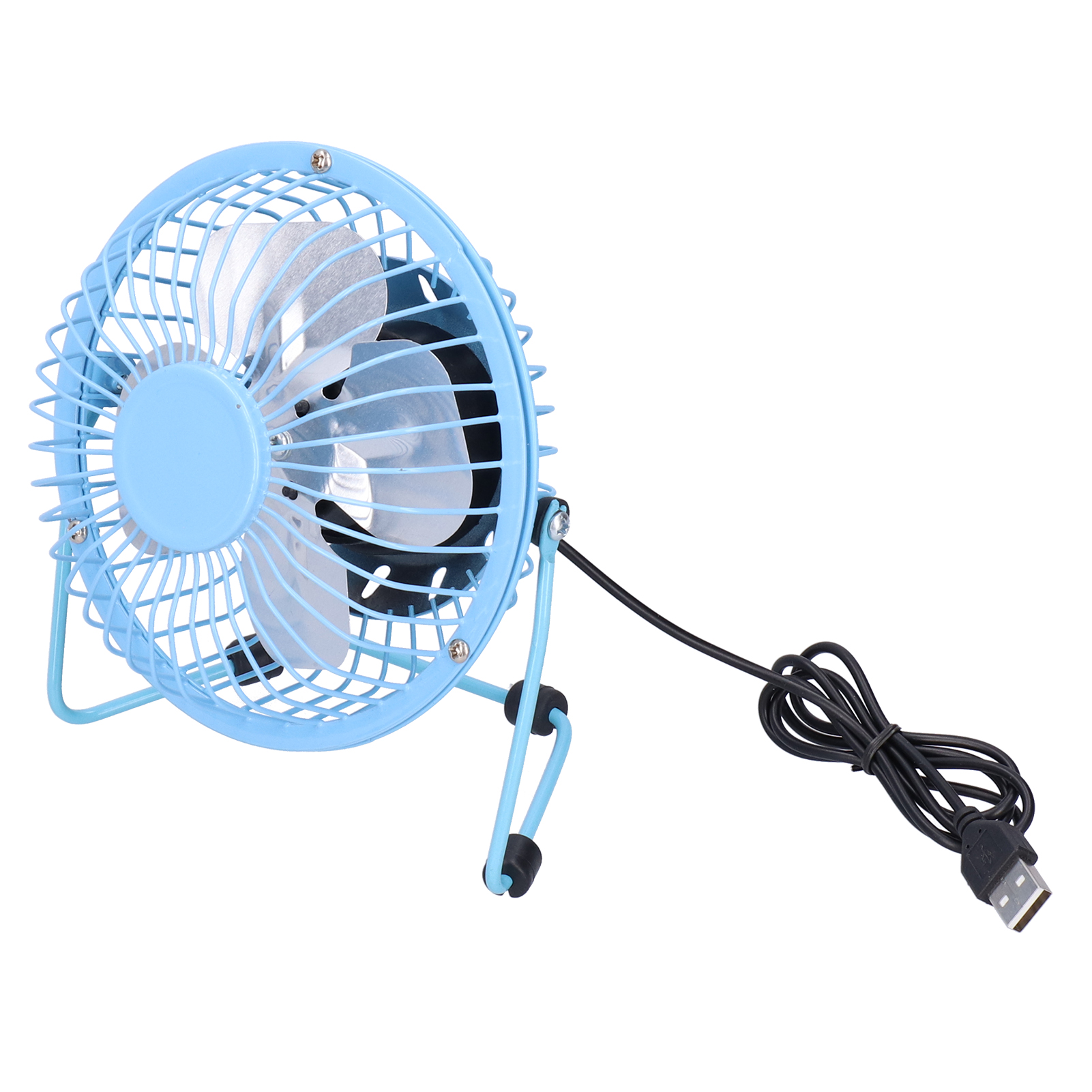 Ein kleiner blauer USB-Ventilator mit Metallgitter und silbernen Flügeln.