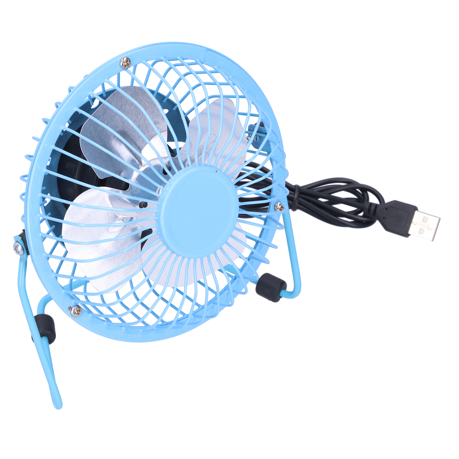 Ein blauer USB-Schreibtischventilator mit silbernen Flügeln und schwarzem Kabel auf Weiß.