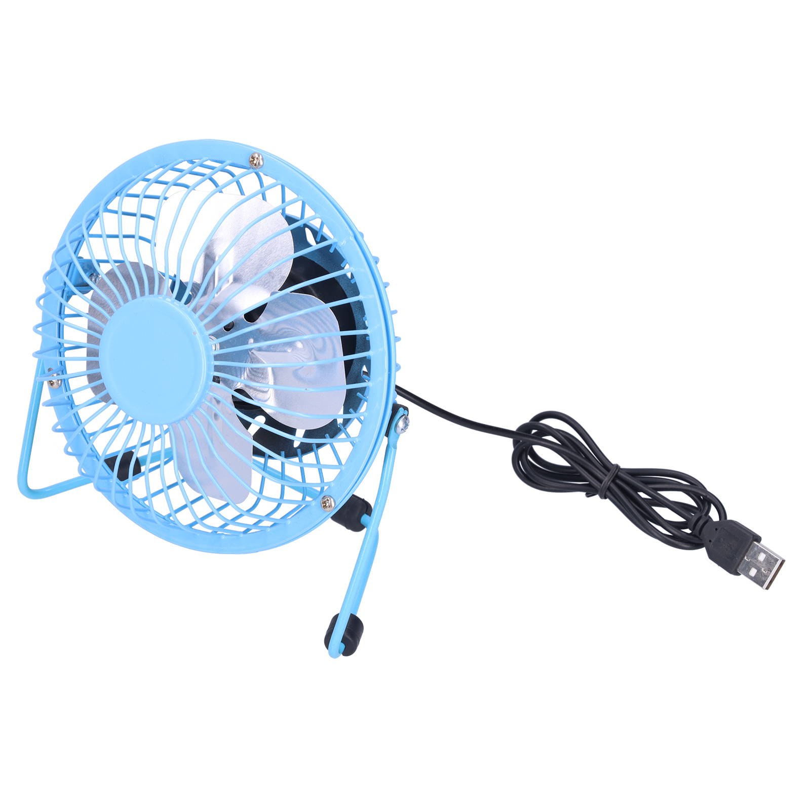 Ein kleiner blauer USB-Ventilator mit Metallgitter und schwarzen Füßen.
