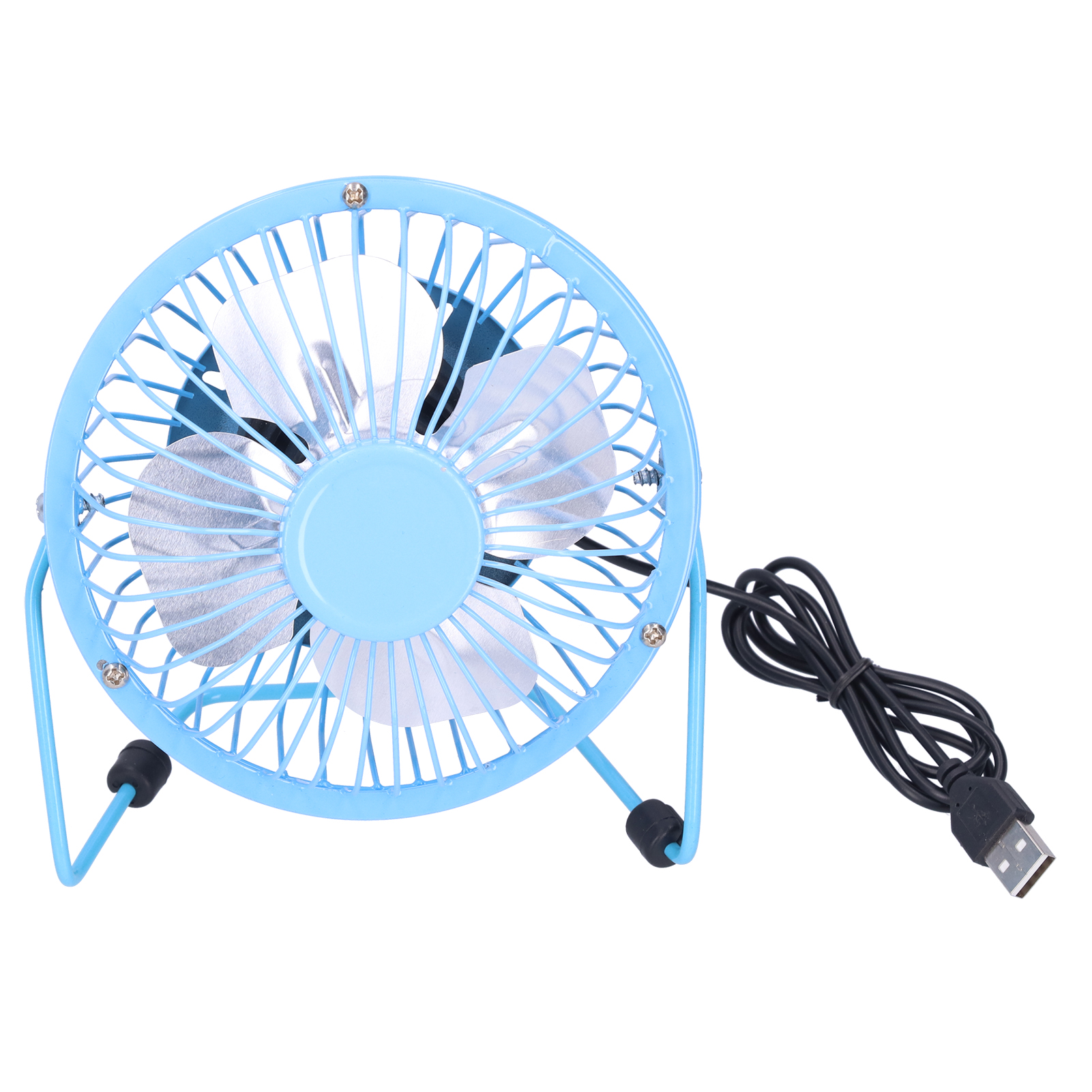 Ein kleiner blauer USB-Tischventilator mit Metallgitter und silbernen Rotorblättern.