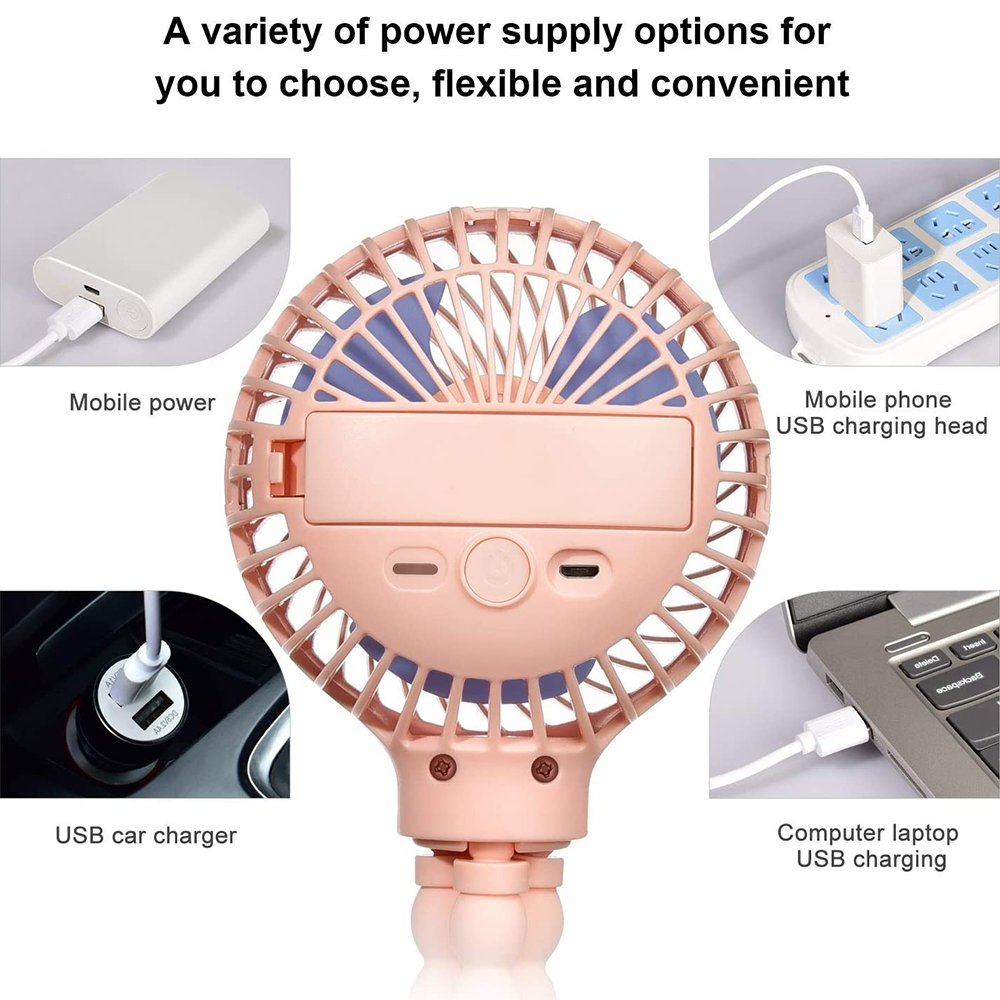 Ein rosa Ventilator mit verschiedenen Ladeoptionen: Powerbank, Netzteil, Auto.