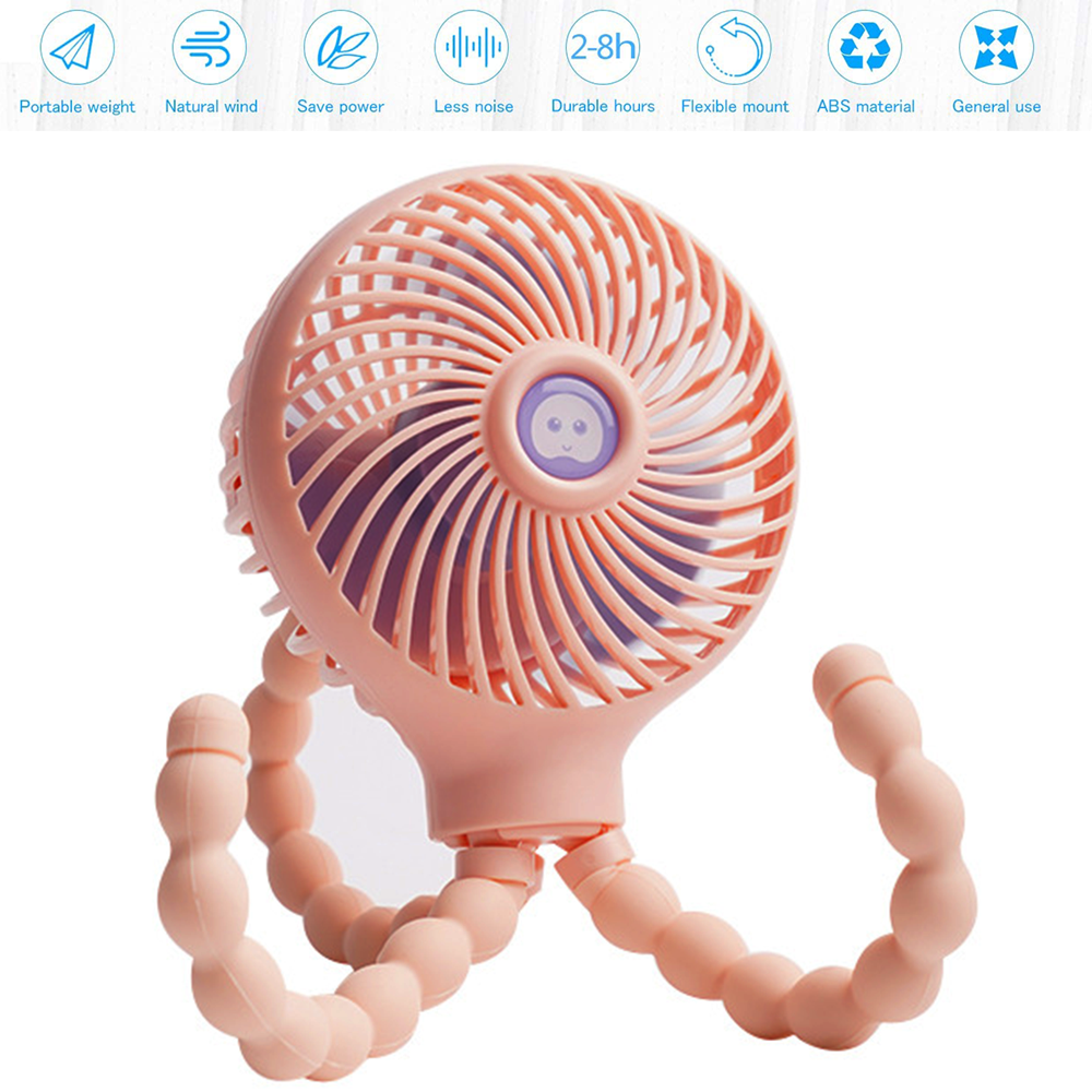 Ein rosafarbener Ventilator mit flexiblen Beinen und einem Cartoon-Gesicht.