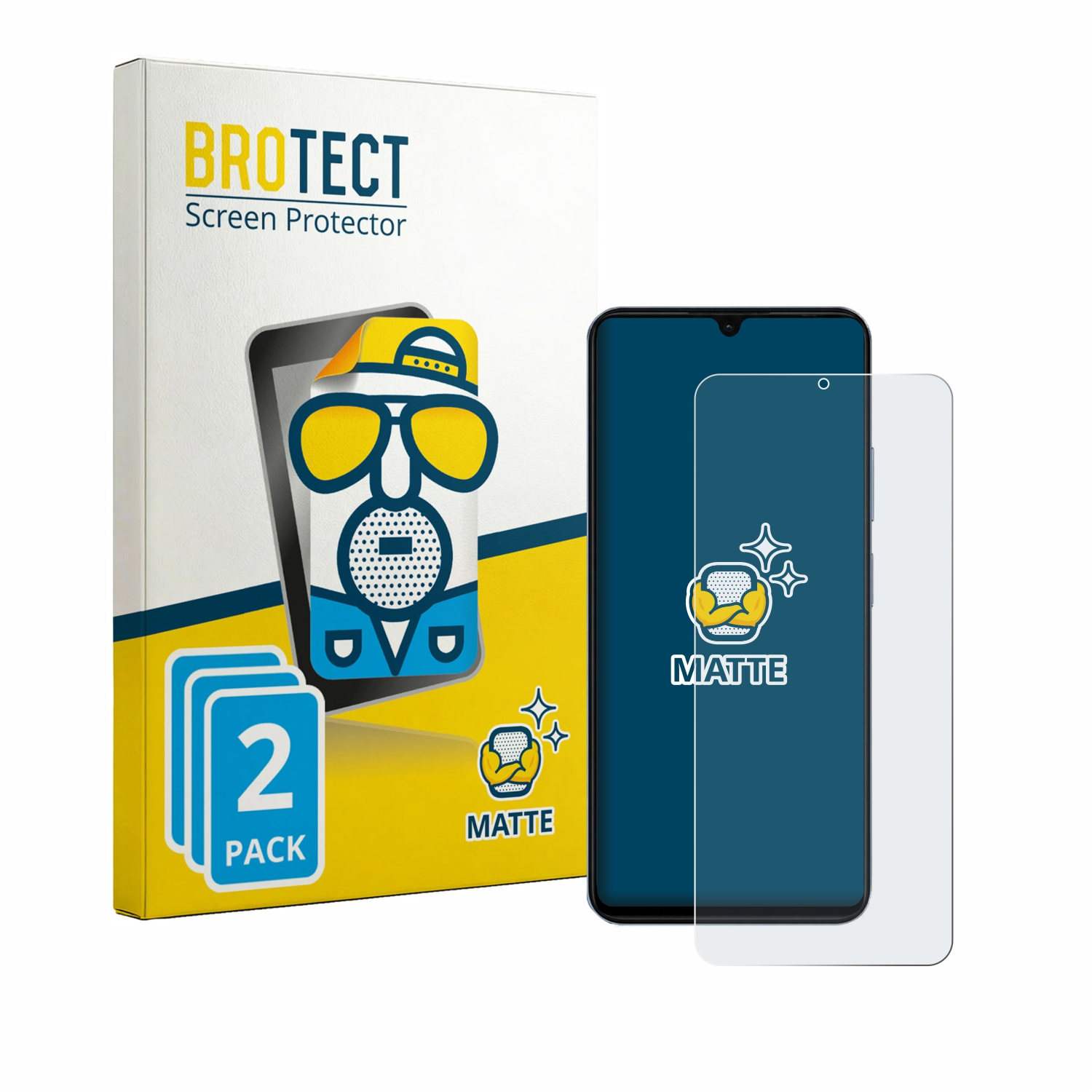 Ein Smartphone mit einer matten Displayschutzfolie und der Verpackung daneben.