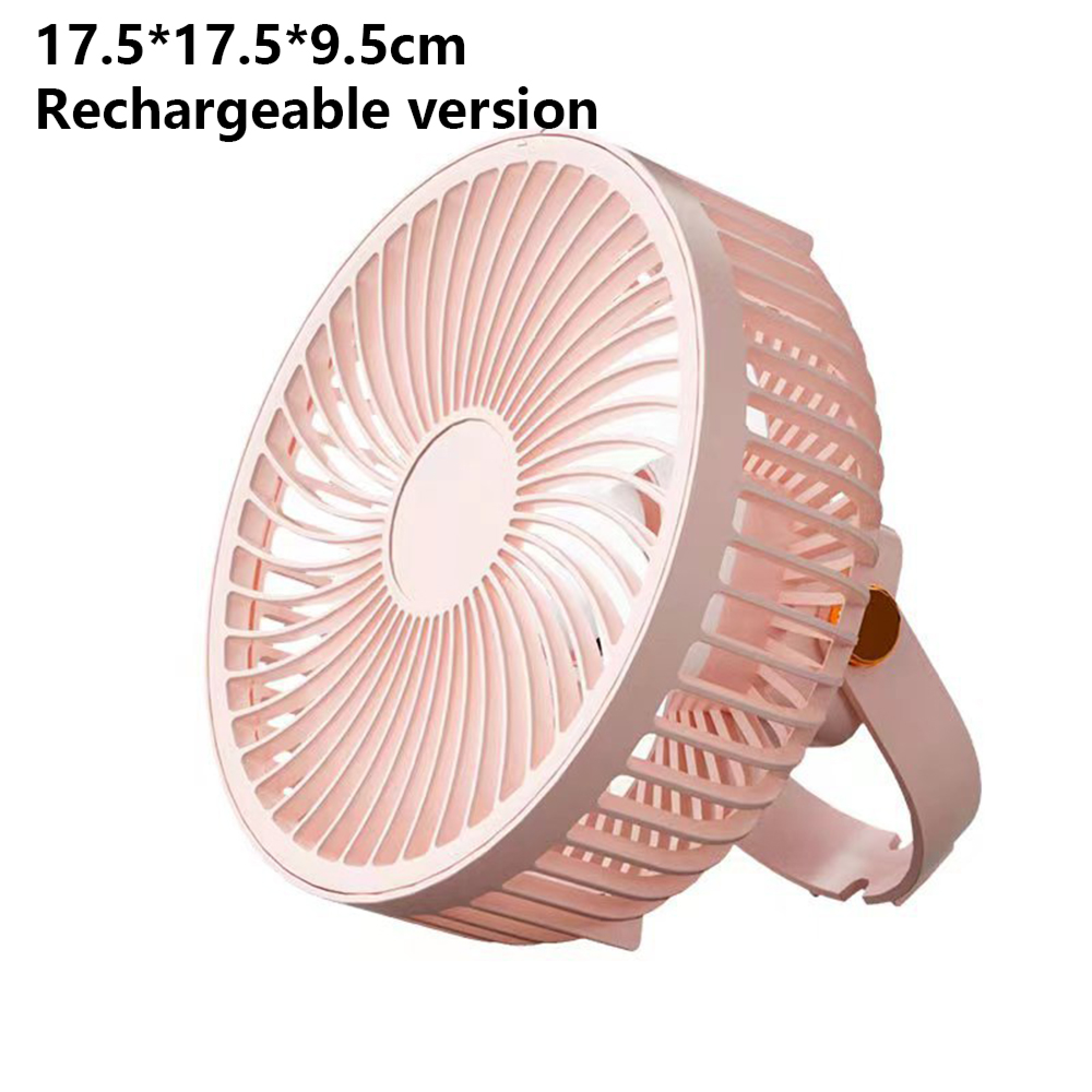 Ein rosafarbener wiederaufladbarer Ventilator auf weißem Hintergrund.