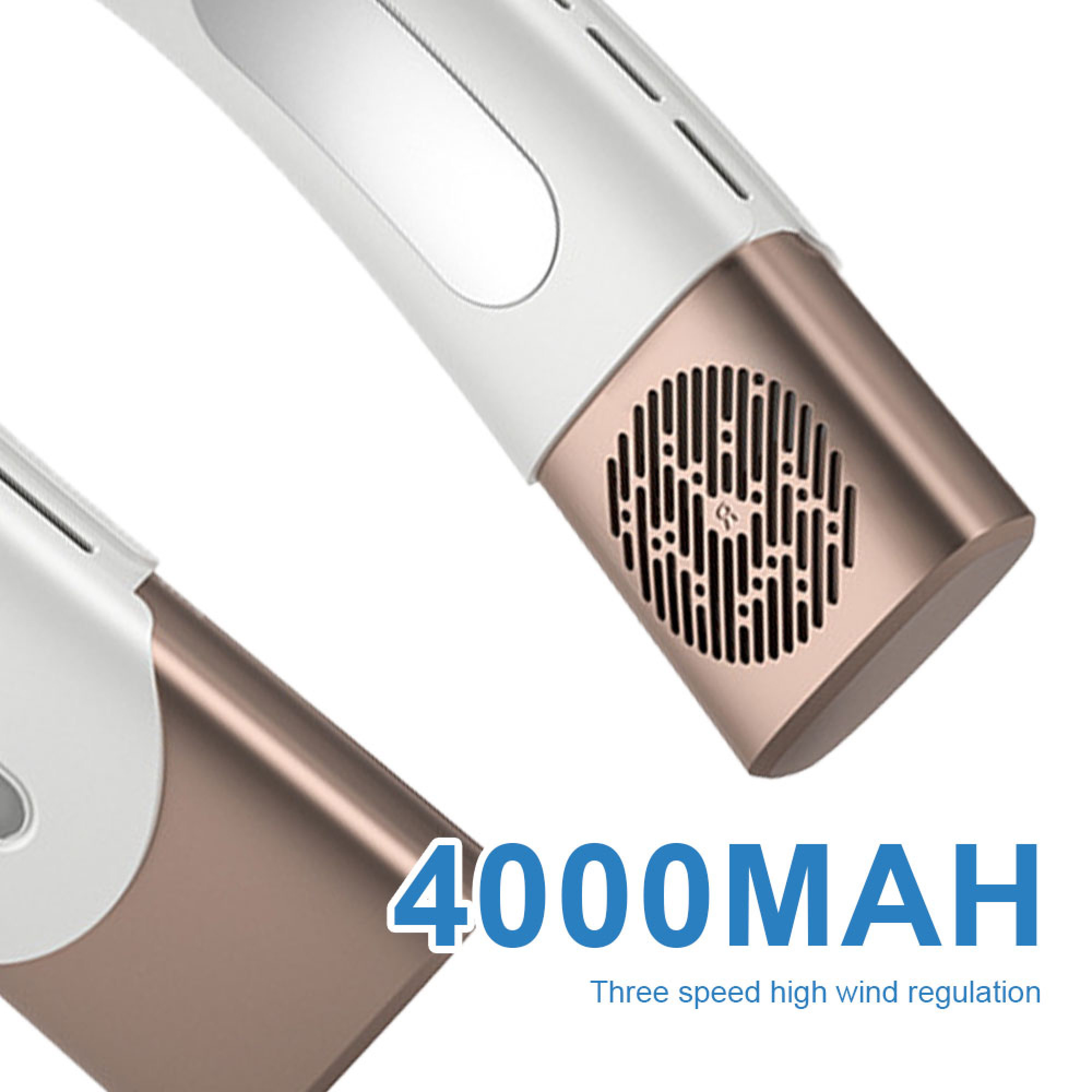 Ein weißes und bronzefarbenes Nackengebläse mit 4000 mAh und drei Windgeschwindigkeiten.
