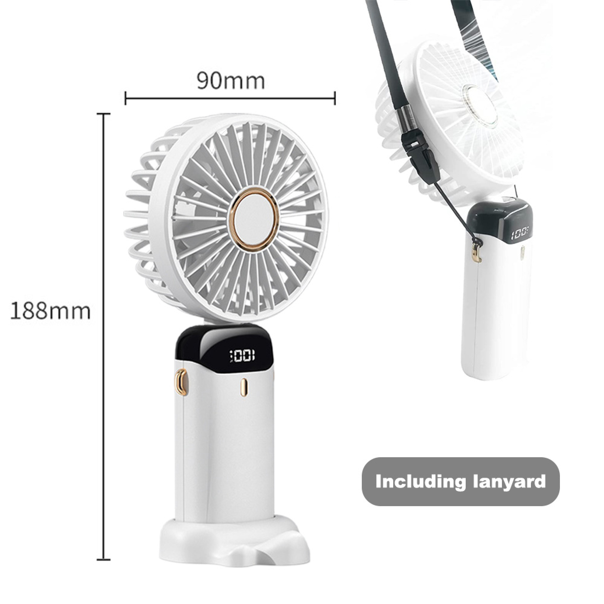 Ein weißer tragbarer Ventilator mit schwarzem Display und Lanyard.