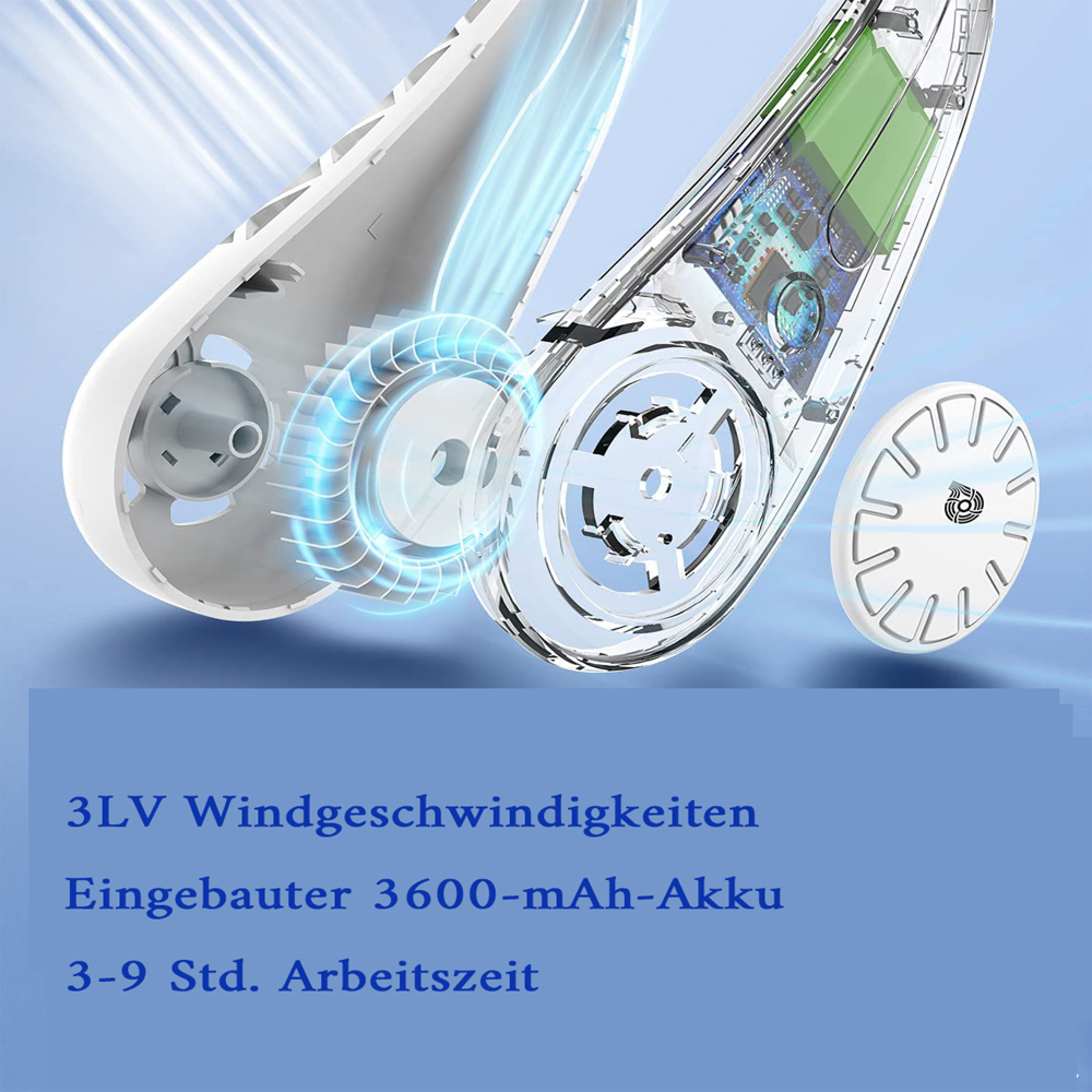 Schnittansicht eines Lüfters mit Akku, Platine und Lüfterblatt.