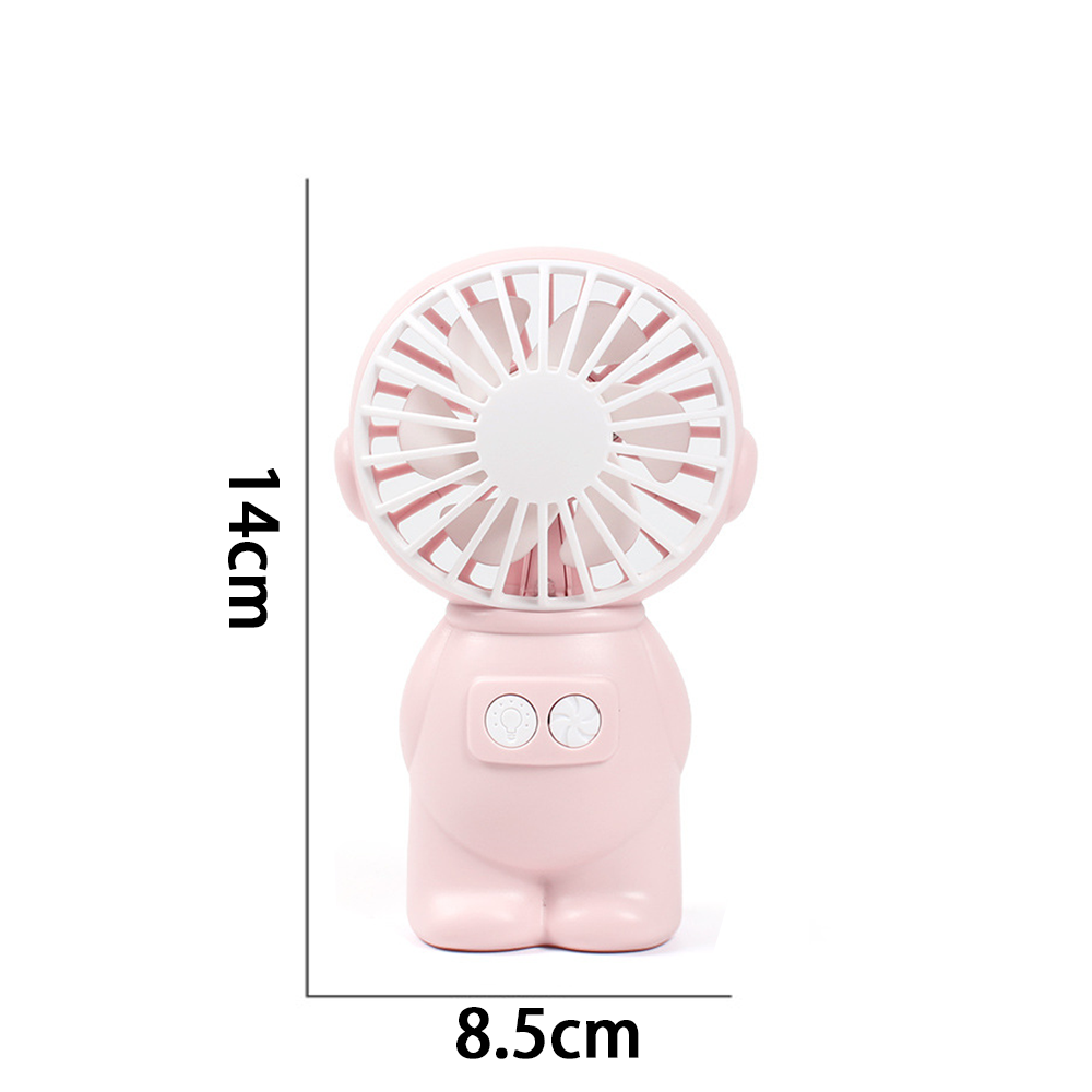 Ein kleiner rosa Ventilator in Astronautenform mit weißen Knöpfen und Lüfterblättern.