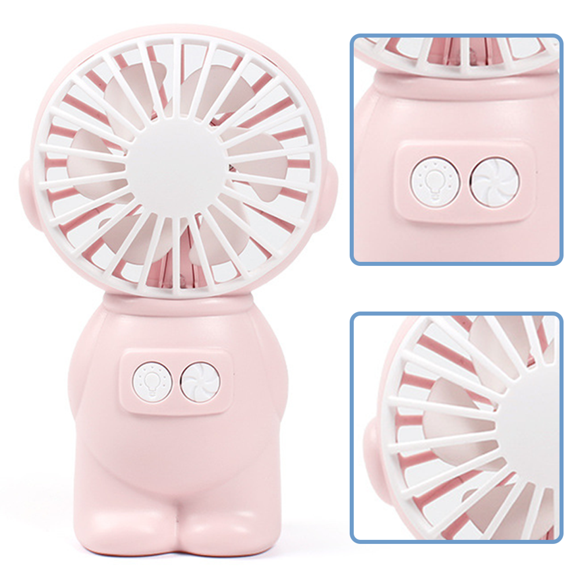 Ein rosafarbener Mini-Ventilator mit weißem Lüftergitter und zwei Knöpfen.