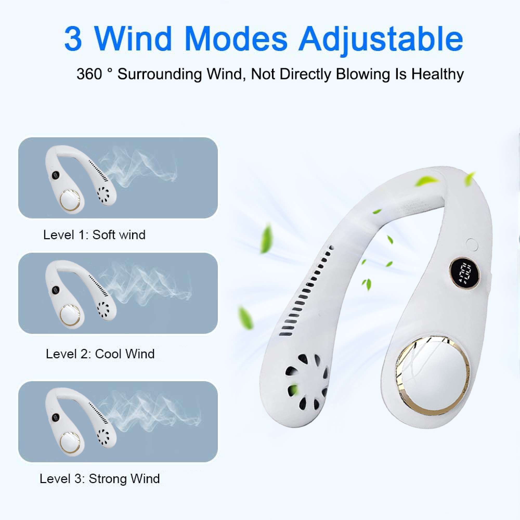Weißer Nackenventilator mit 3 Windmodi: sanft, kühl, stark. Digitalanzeige.