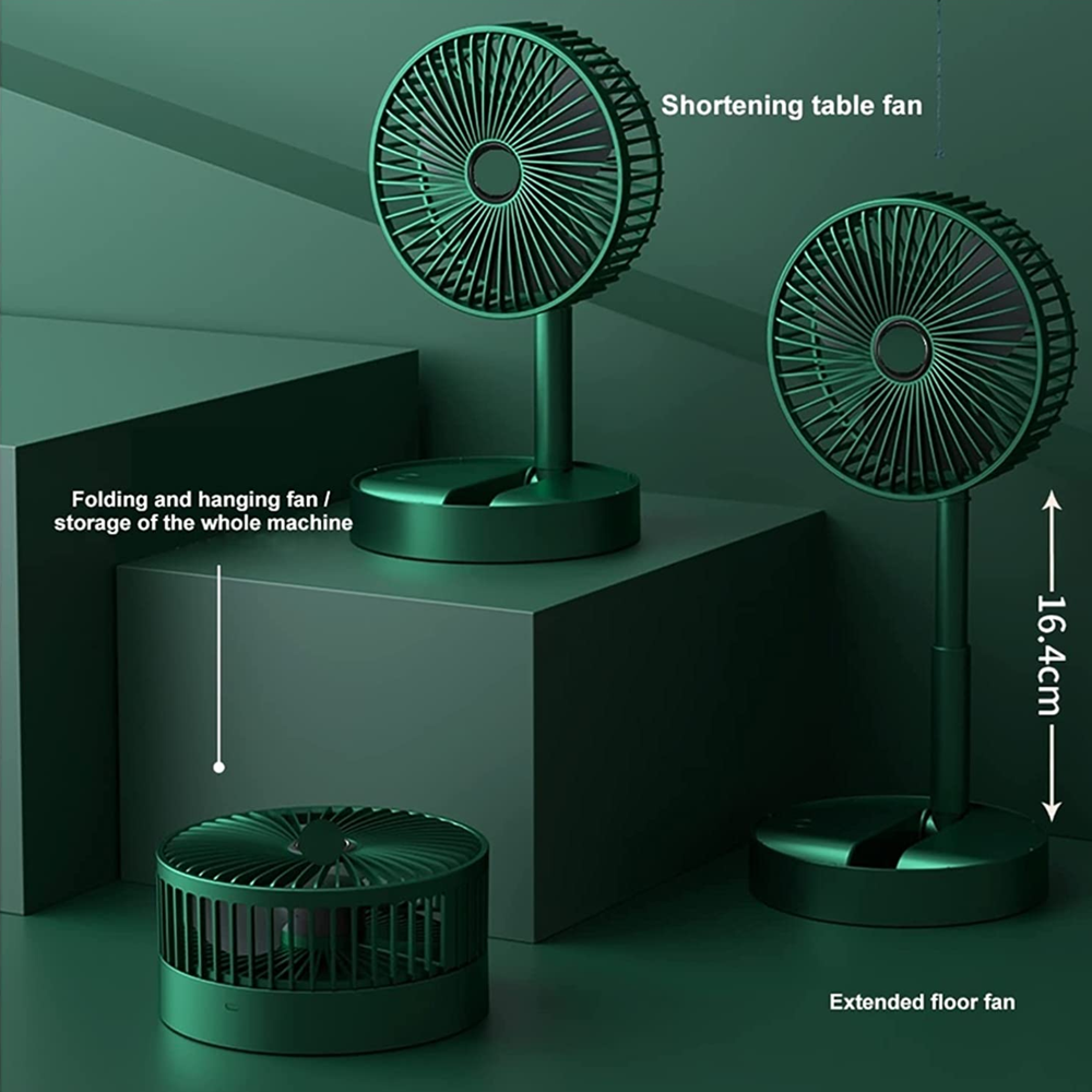 Ein grüner Ventilator in verschiedenen Stellungen, eine Tisch- und eine Bodenversion.