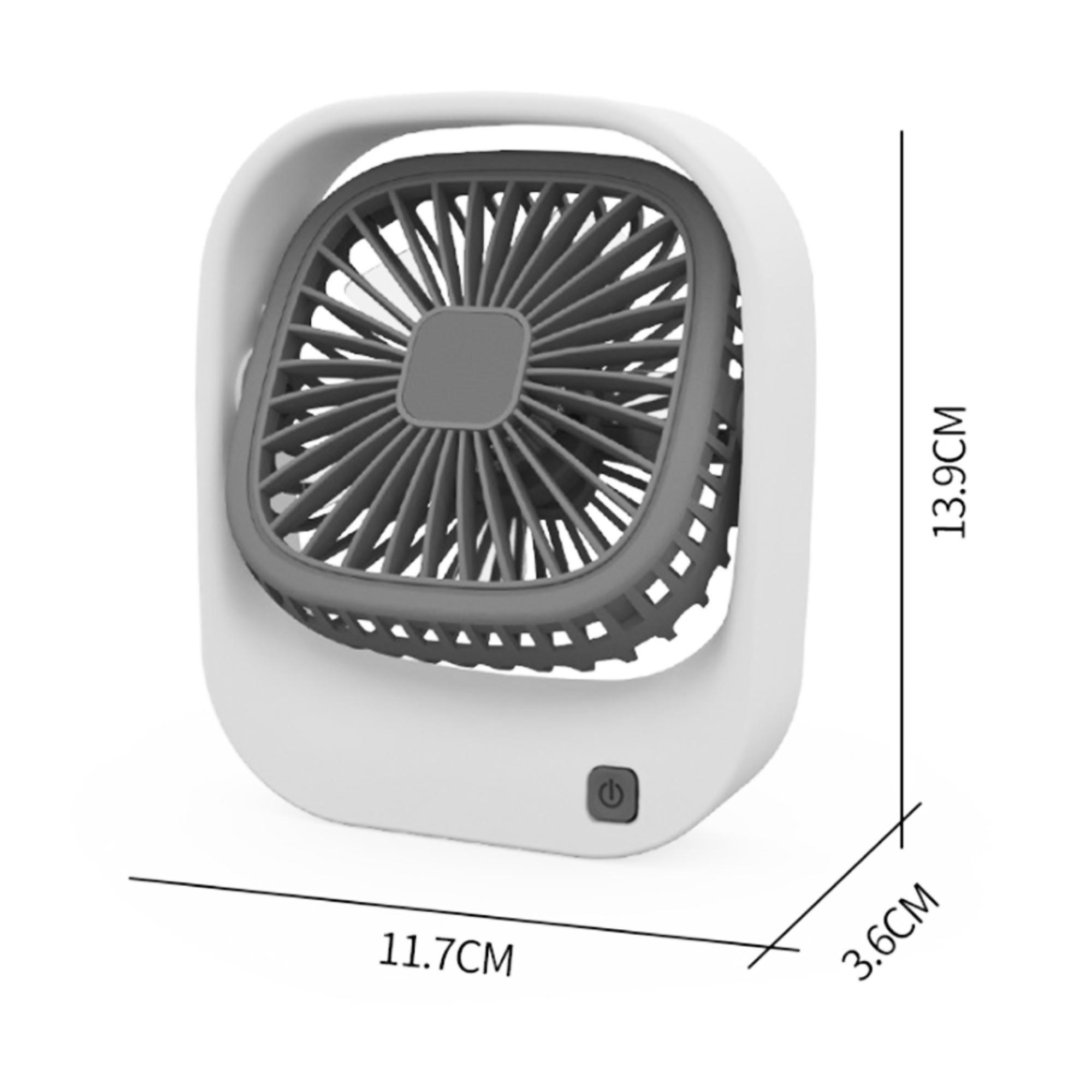 Ein kleiner weißer Ventilator mit grauem Gitter und Power-Knopf.