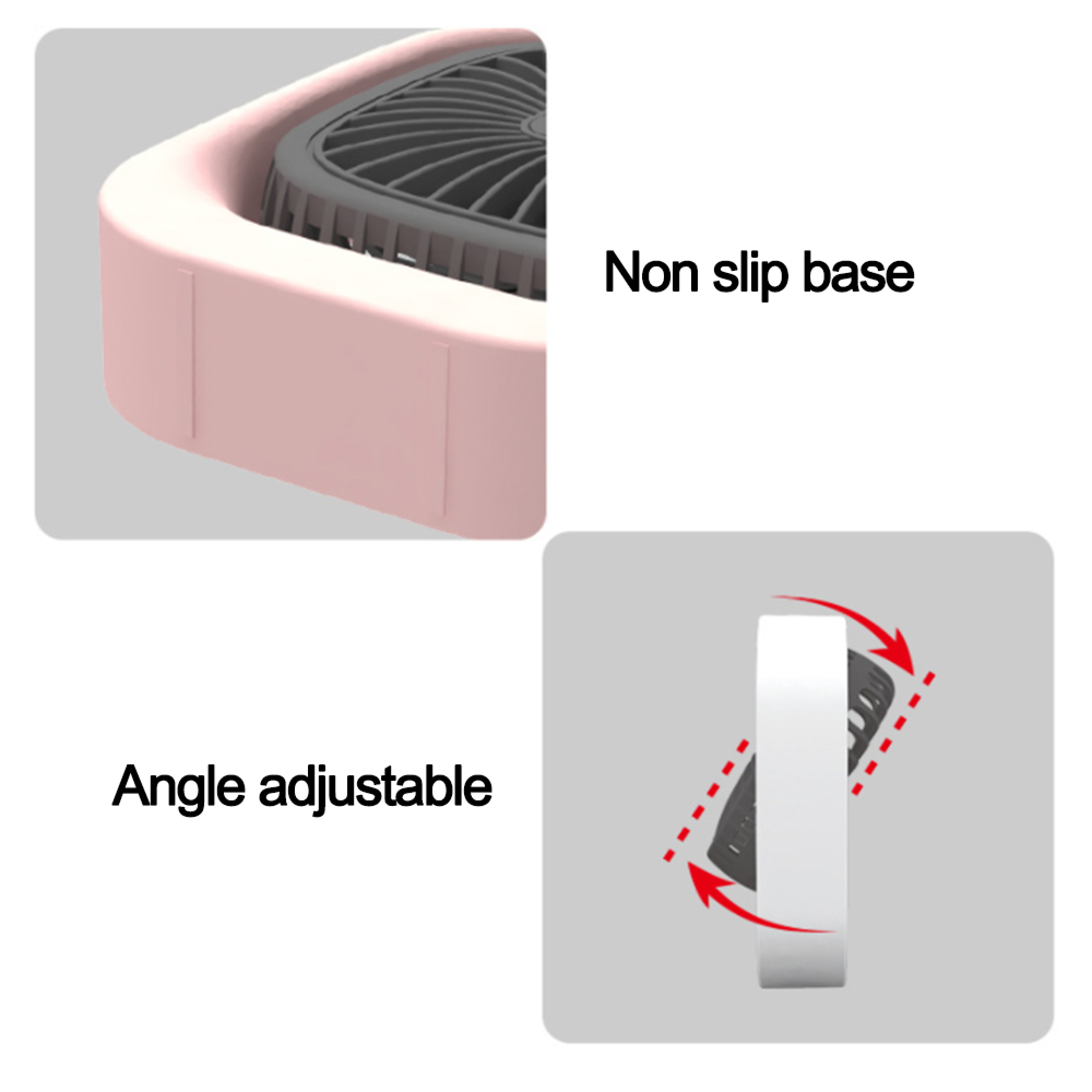 Ein rosafarbener Ventilator mit nicht scherender Basis und verstellbarem Winkel.