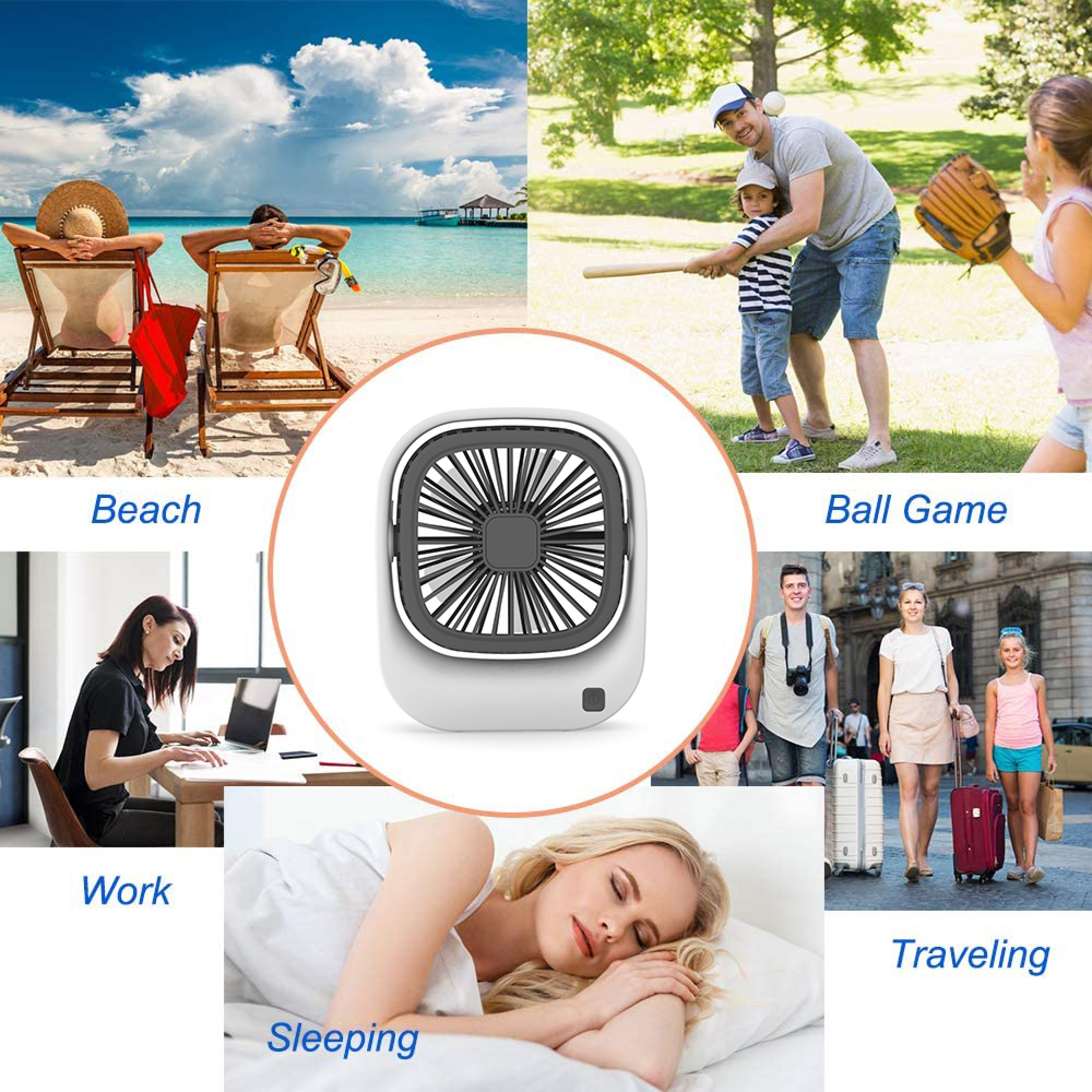 Collage aus Strand, Baseballspiel, Arbeit, Schlafen, Reisen und einem Ventilator.
