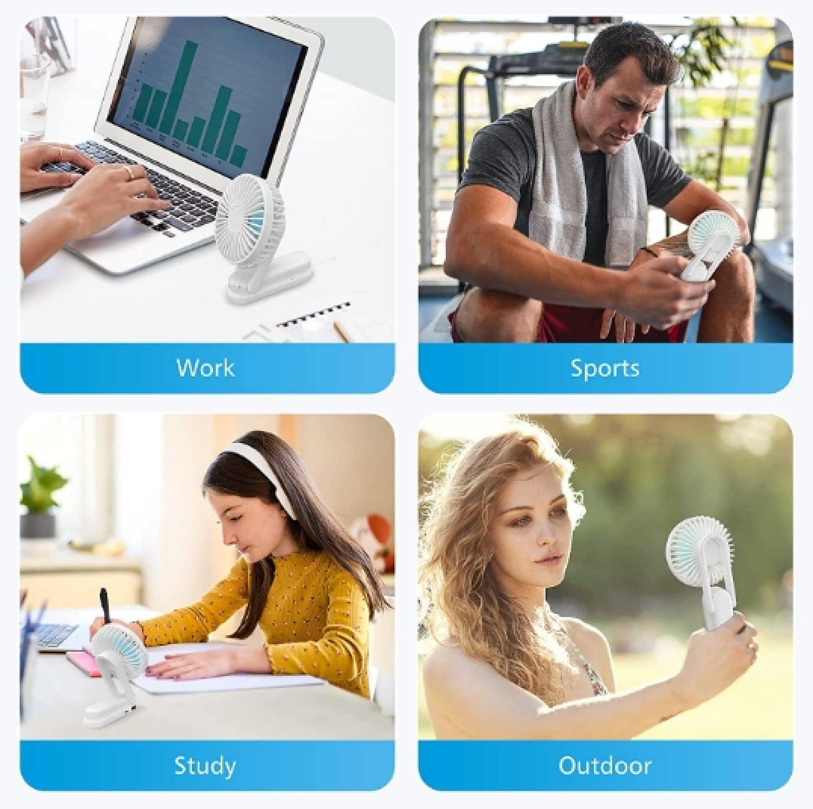 Vier Szenen: Arbeit, Sport, Studium, Outdoor mit kleinem Ventilator.