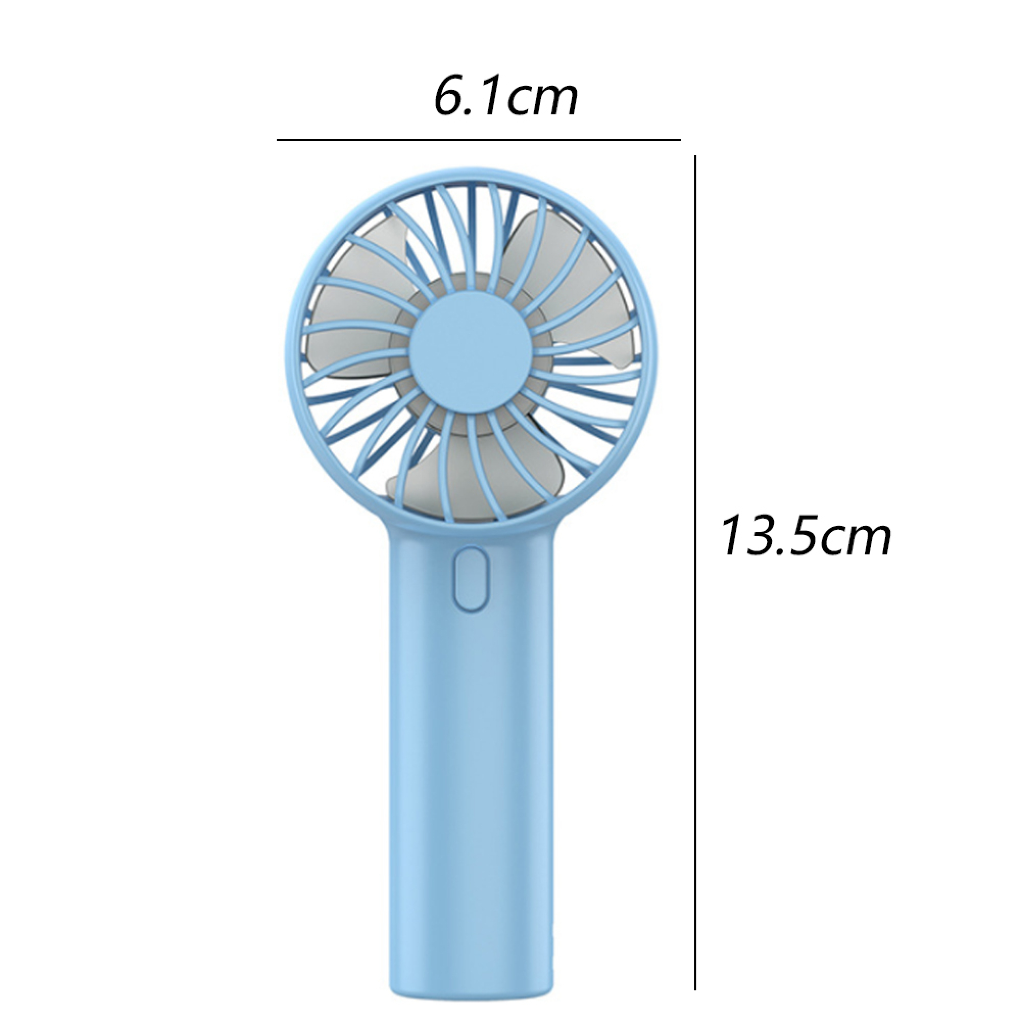 Ein kleiner, hellblauer Handventilator mit grauen Rotorblättern und einem runden Griff.