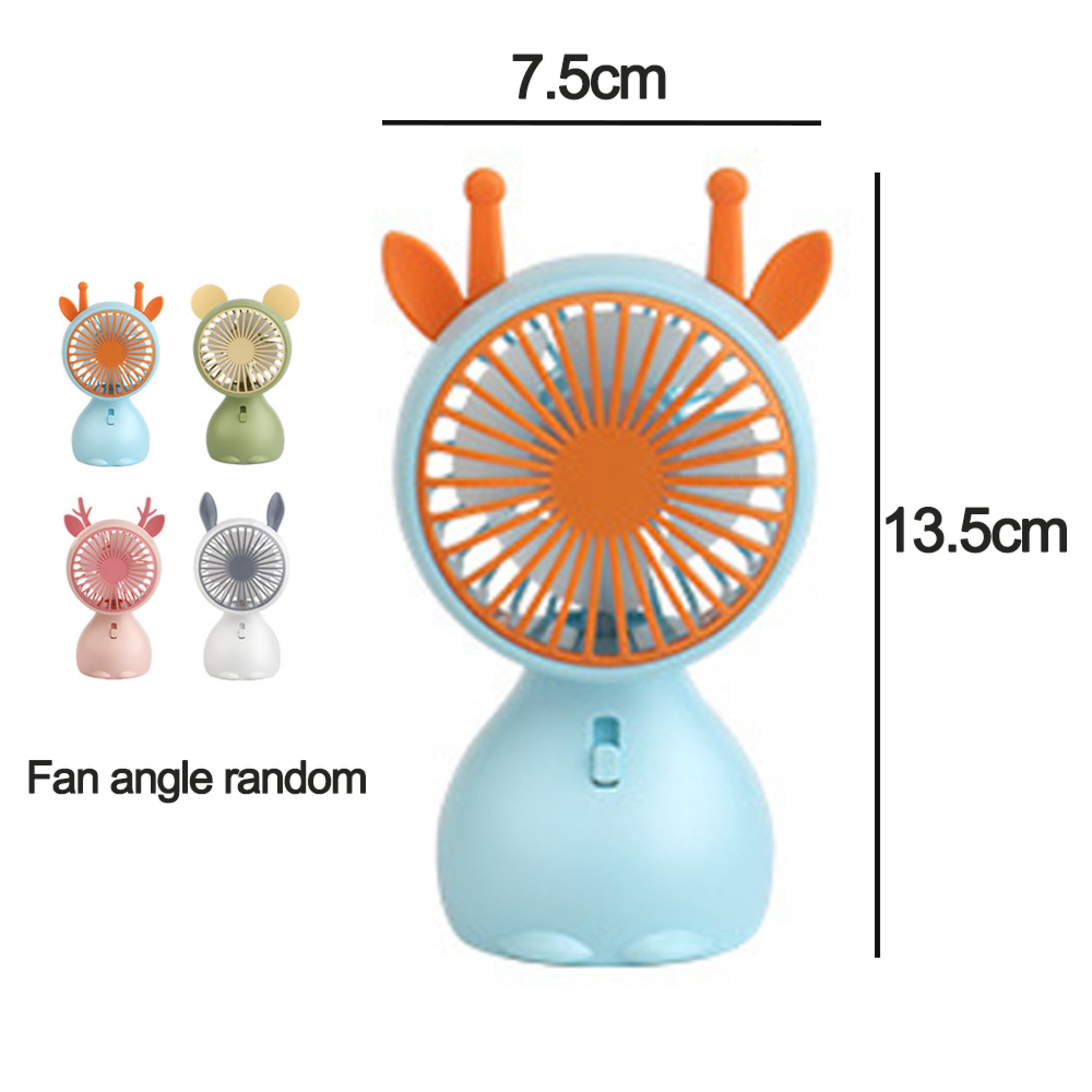 Ein blauer Ventilator in Tierform mit orangefarbenen Ohren und Ventilatorblättern.