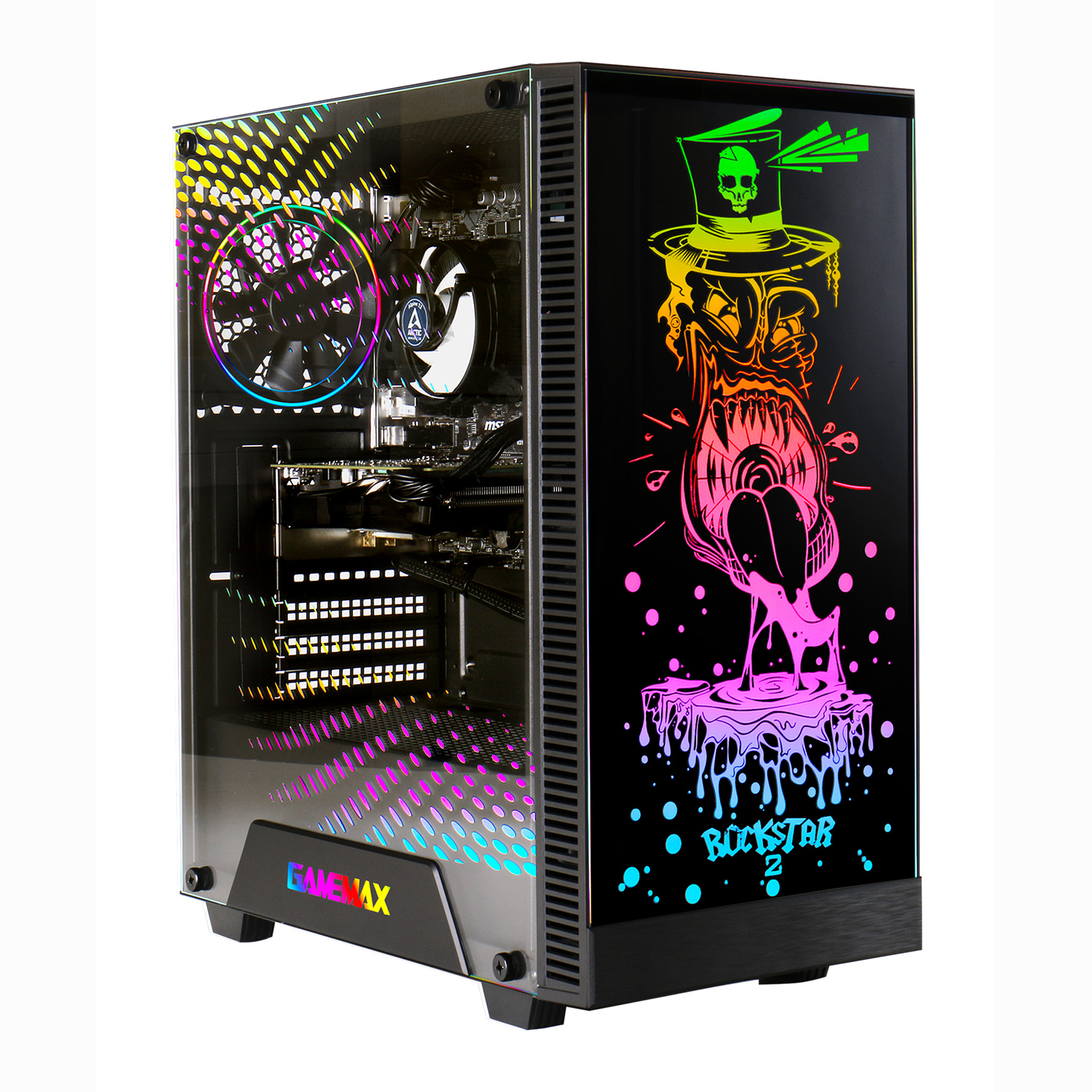 Ein Gaming-PC mit einer klaren Seitenwand, die Komponenten und bunte RGB-Beleuchtung zeigt.