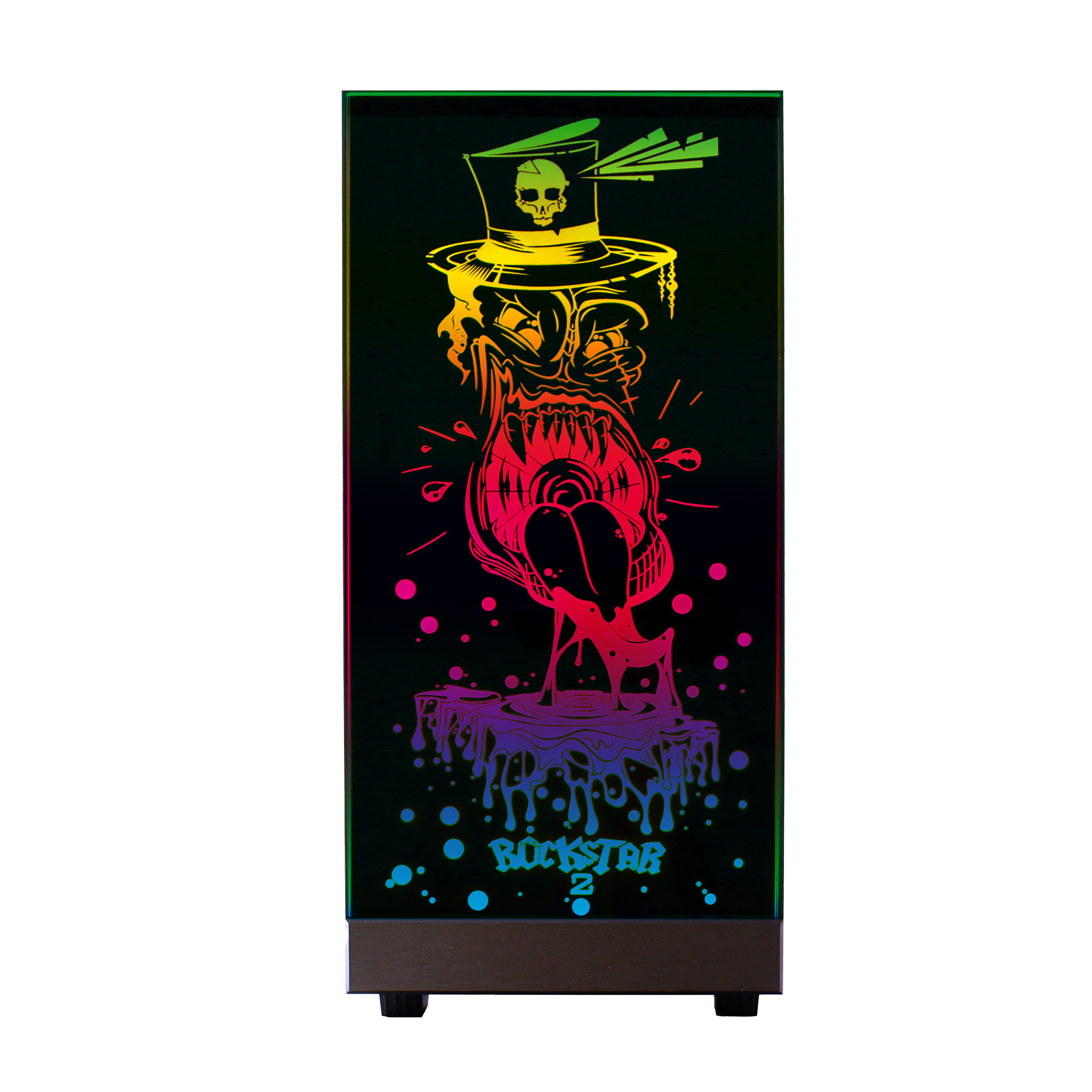 Ein Totenkopf mit Zylinder und Regenbogen-Farbverlauf auf schwarzem Hintergrund.
