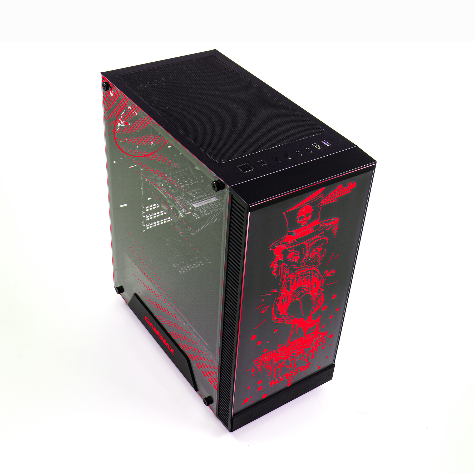 Ein schwarzer Gaming-PC-Turm mit rotem Totenkopf-Design auf der Seite und transparentem Fenster.