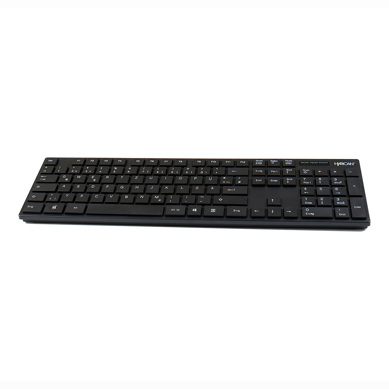 Ein schwarzes, schlankes Keyboard mit Ziffernblock und deutschen Tastenbelegungen.