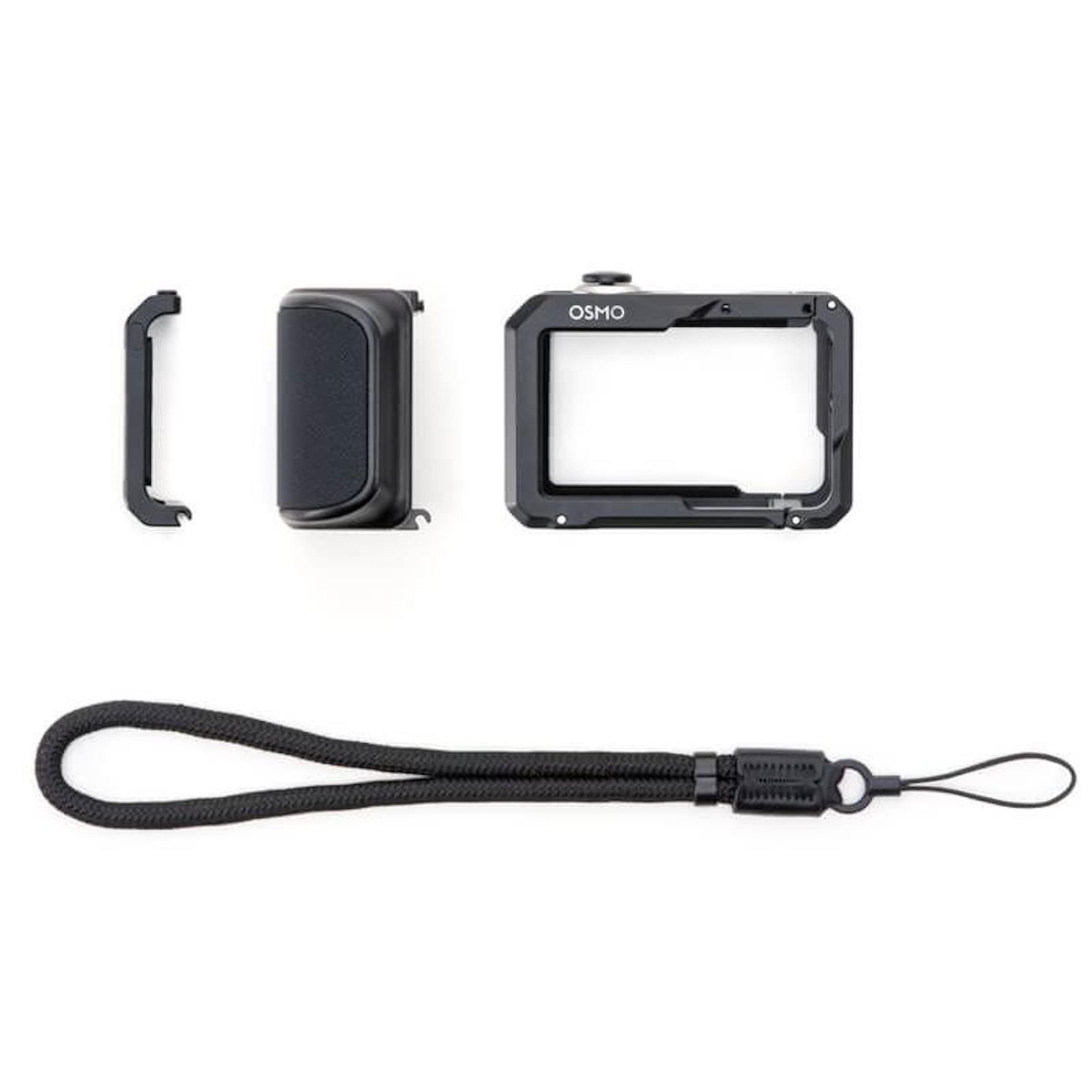 Una gabbia per fotocamera nera, un adattatore per obiettivo e un cinturino da polso.