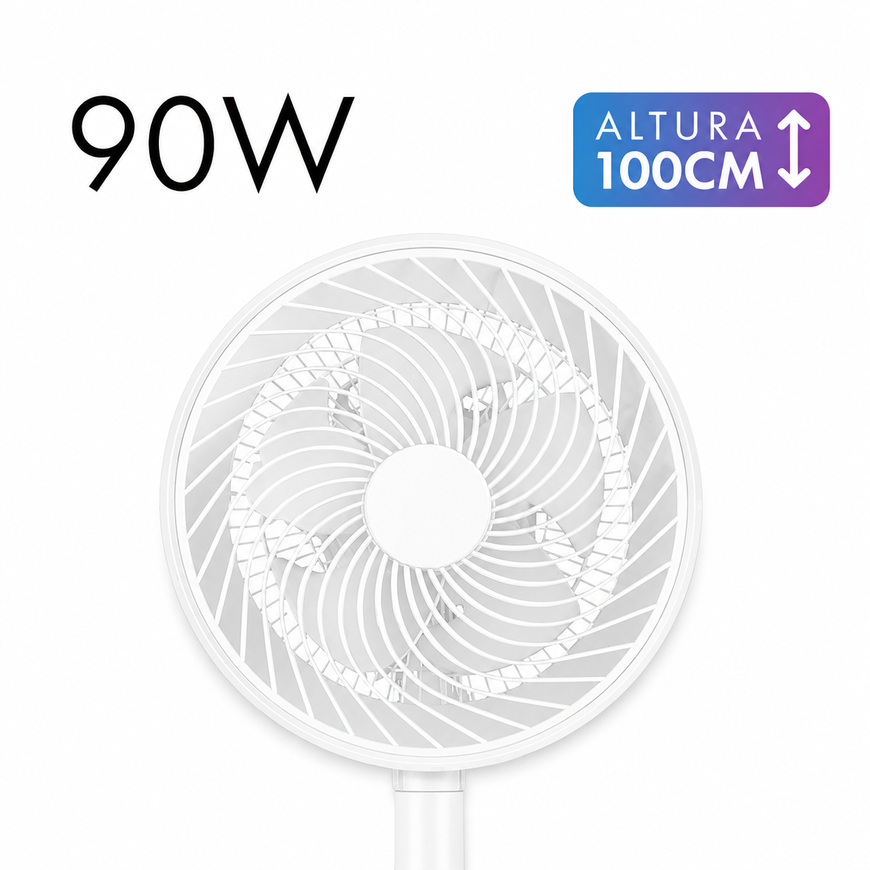 Ventilador blanco de 90W y 100cm de altura.
