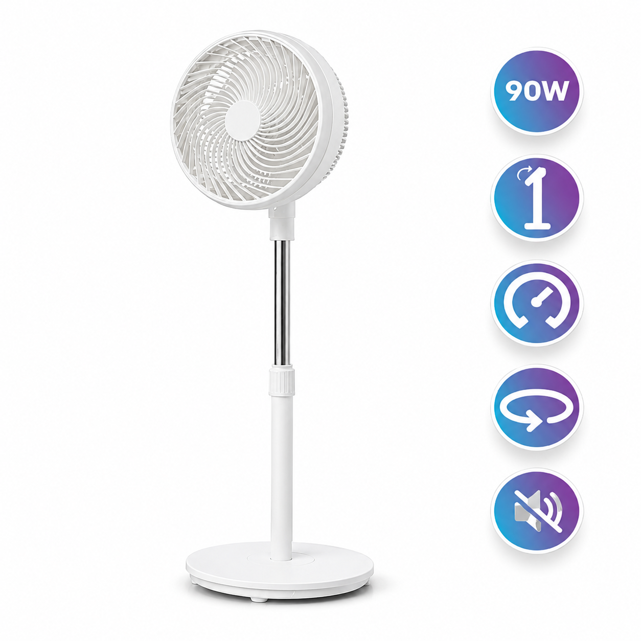 Un ventilador blanco oscilante sobre un soporte cromado con iconos de 90W, velocidad 1, temporizador, oscilación y silencio.