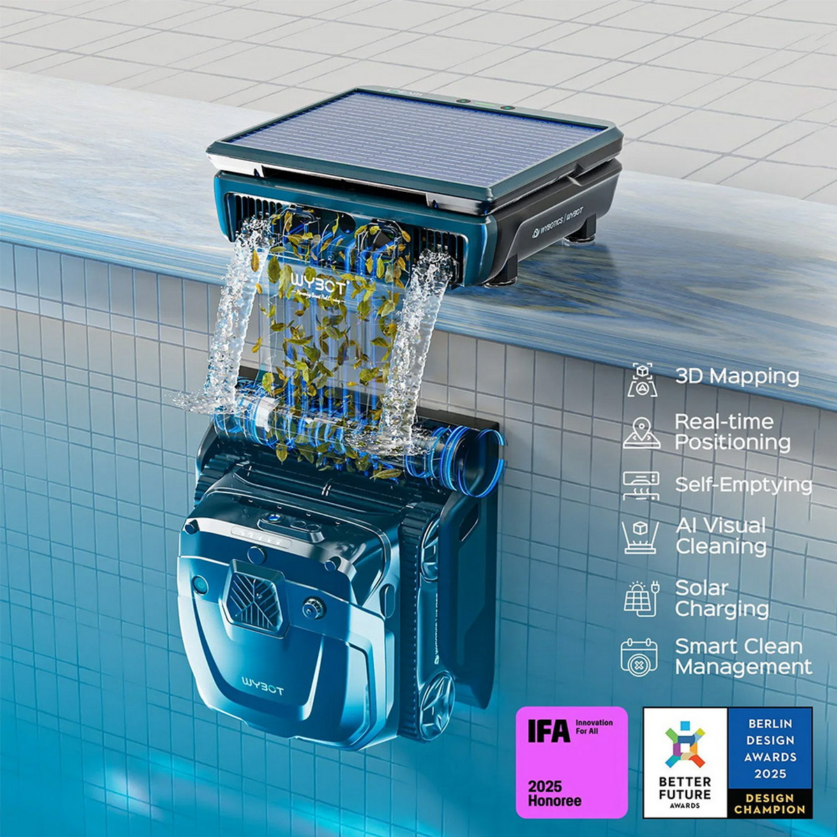 Ein solarbetriebener Poolroboter reinigt das Wasser und sammelt Blätter, mit Features wie 3D-Mapping.