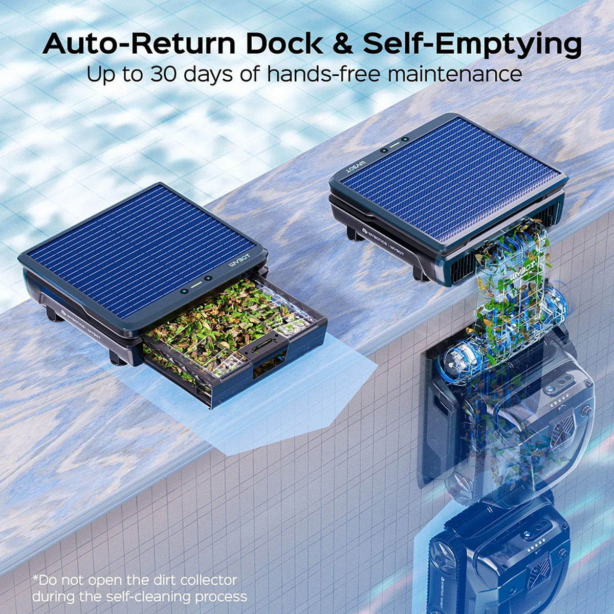 Ein Poolroboter mit Solarpanel entleert sich selbst in eine Ladestation.