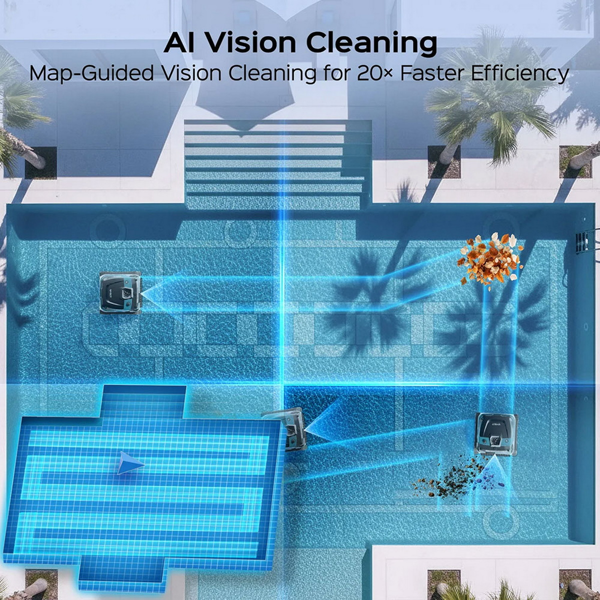 Poolroboter reinigen einen Pool mit KI-Vision und Karte. Blauer Lichtstrahl zeigt den Weg.