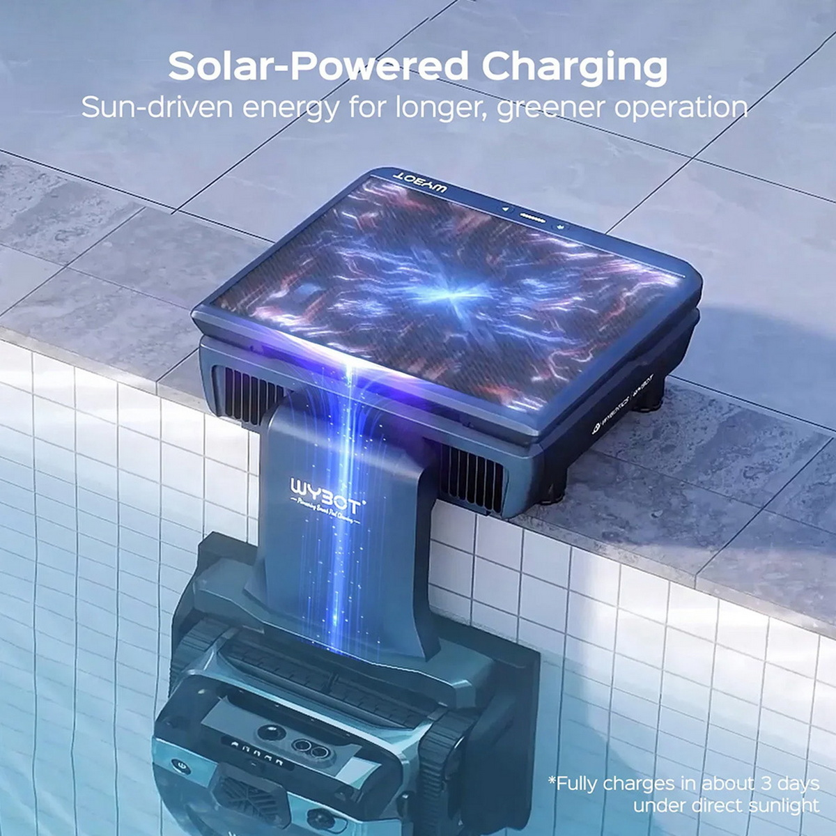 Ein solarbetriebener Poolreiniger mit einem blauen Energiestrahl, der ihn auflädt.