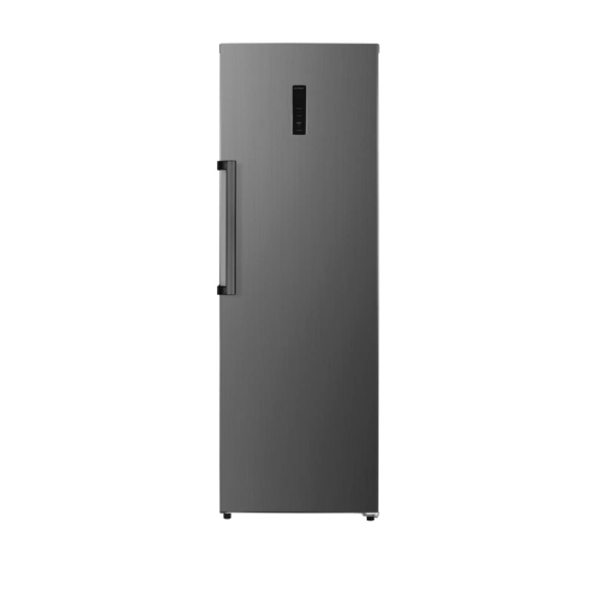 Ein schlanker, grauer Kühlschrank mit einem vertikalen Griff und einem Bedienfeld oben.