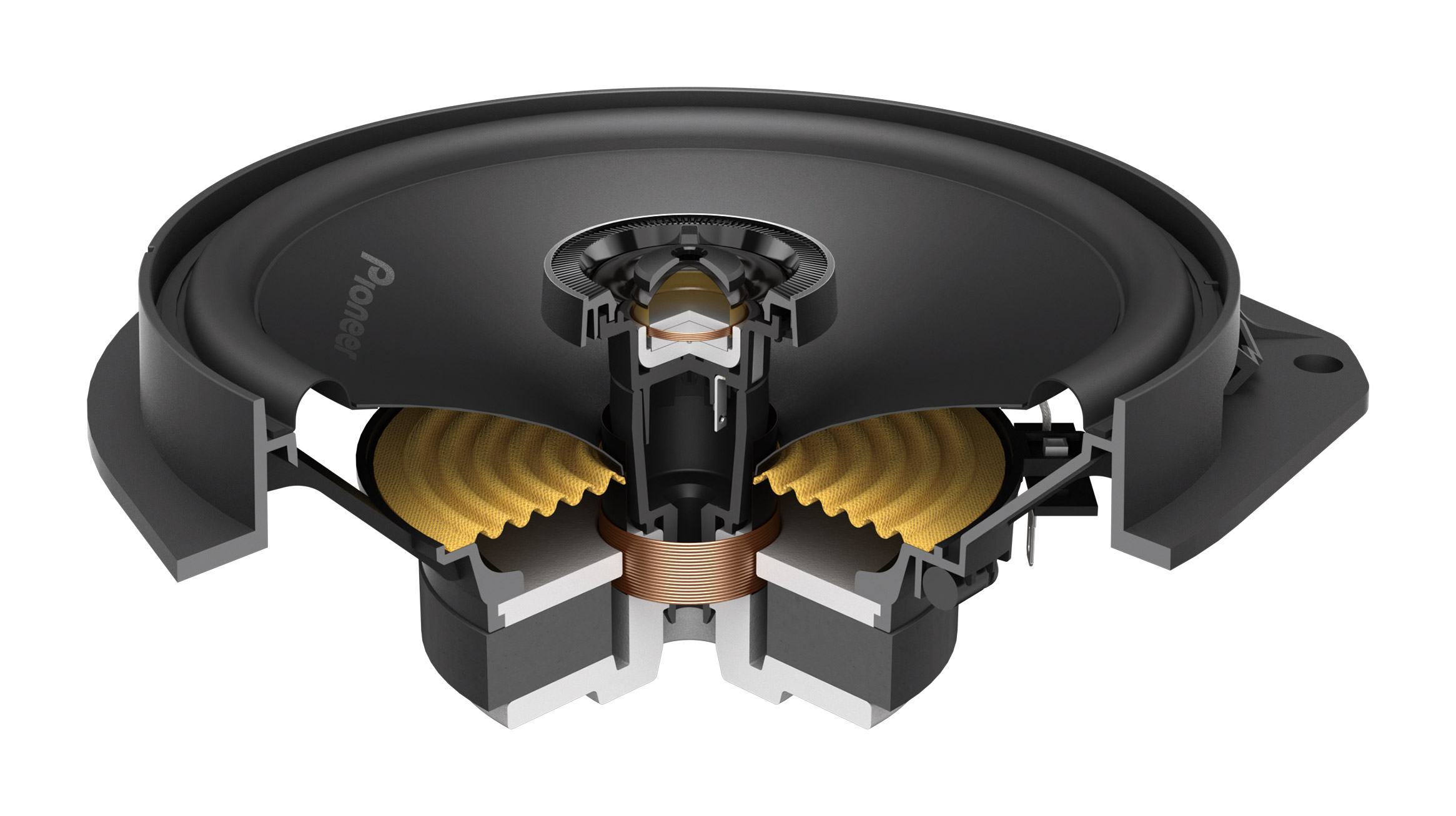 Schnittansicht eines Pioneer-Lautsprechers mit schwarzem Korb, gelber Membran und Kupferwicklung.