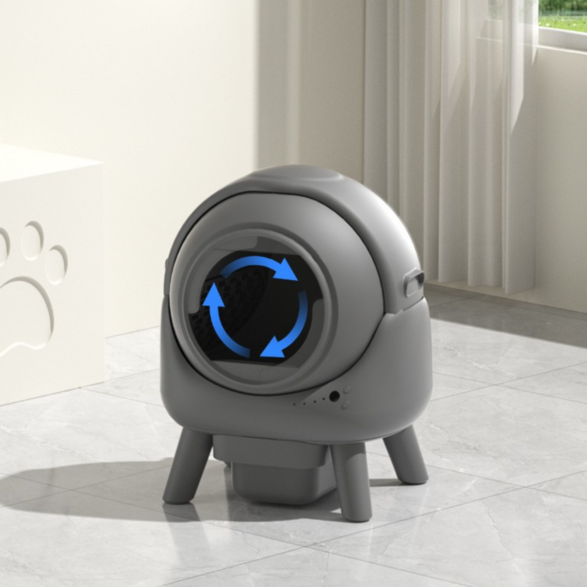 Caja de arena automática gris para gatos con flechas azules giratorias.