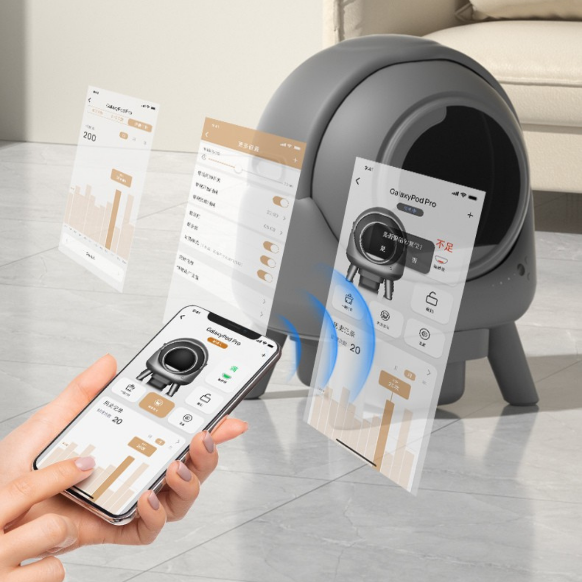 Caja de arena automática gris controlada por aplicación móvil.