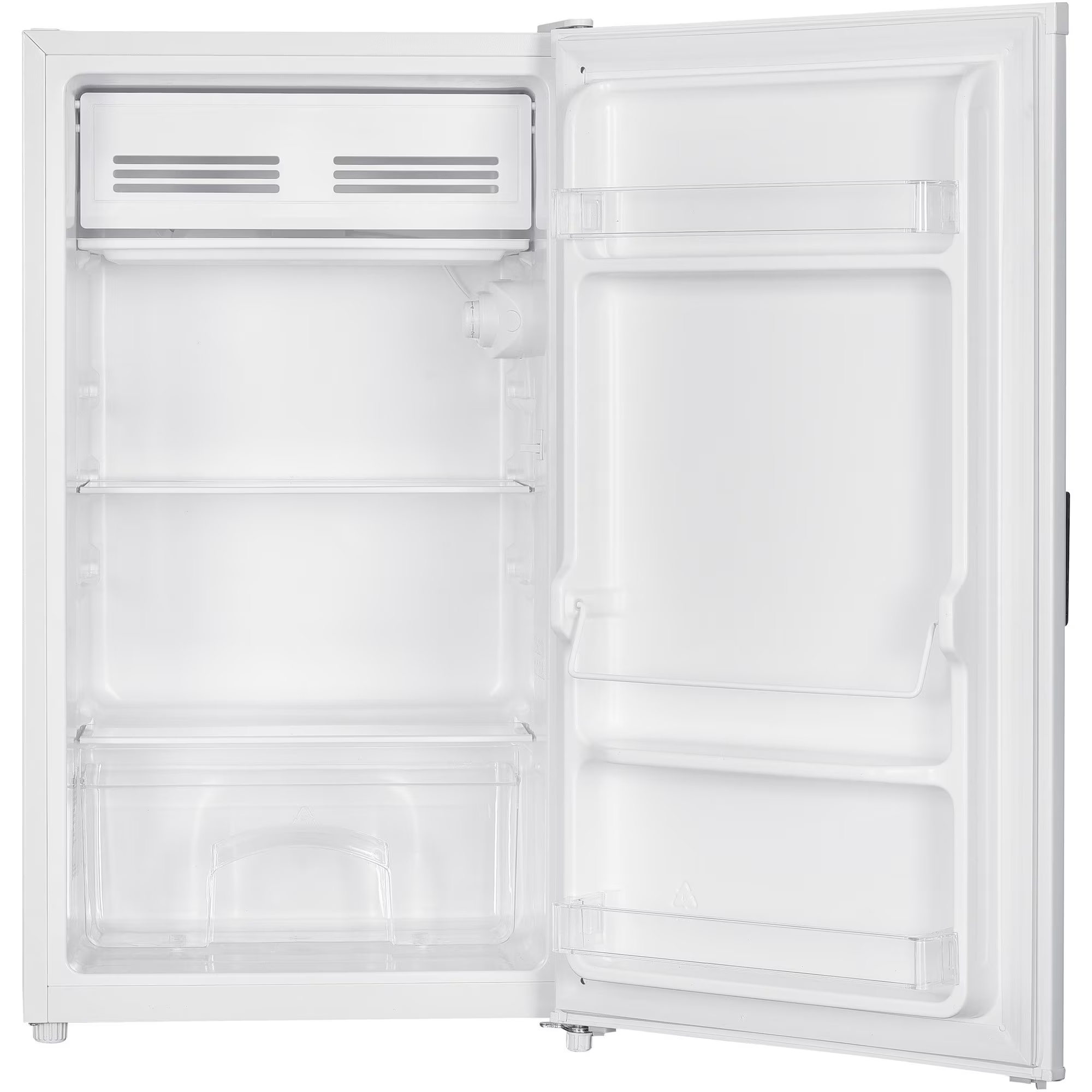 Ein leerer, weißer Kühlschrank mit offener Tür und Regalen.