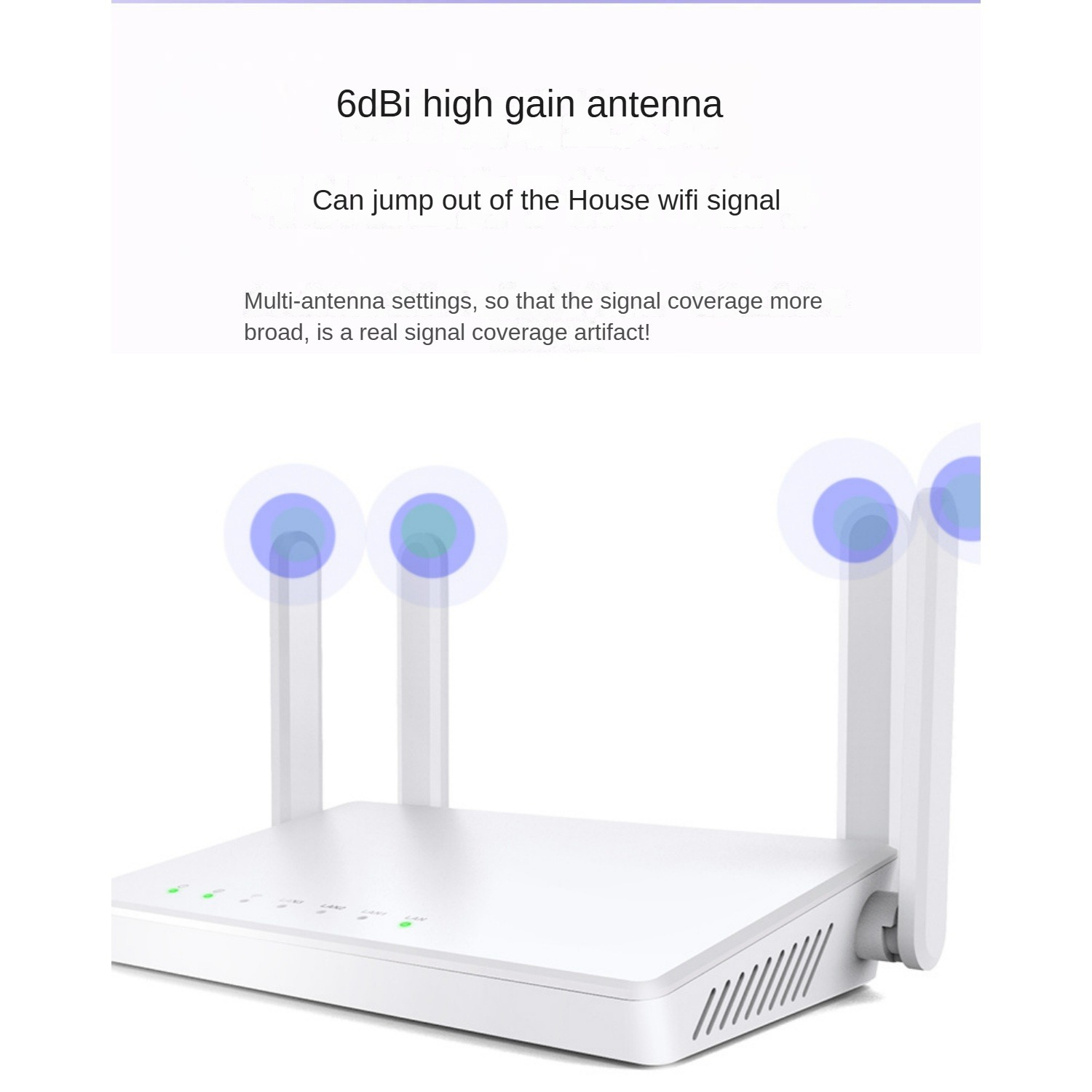 Ein weißer Router mit vier Antennen und blauen Lichtkreisen.