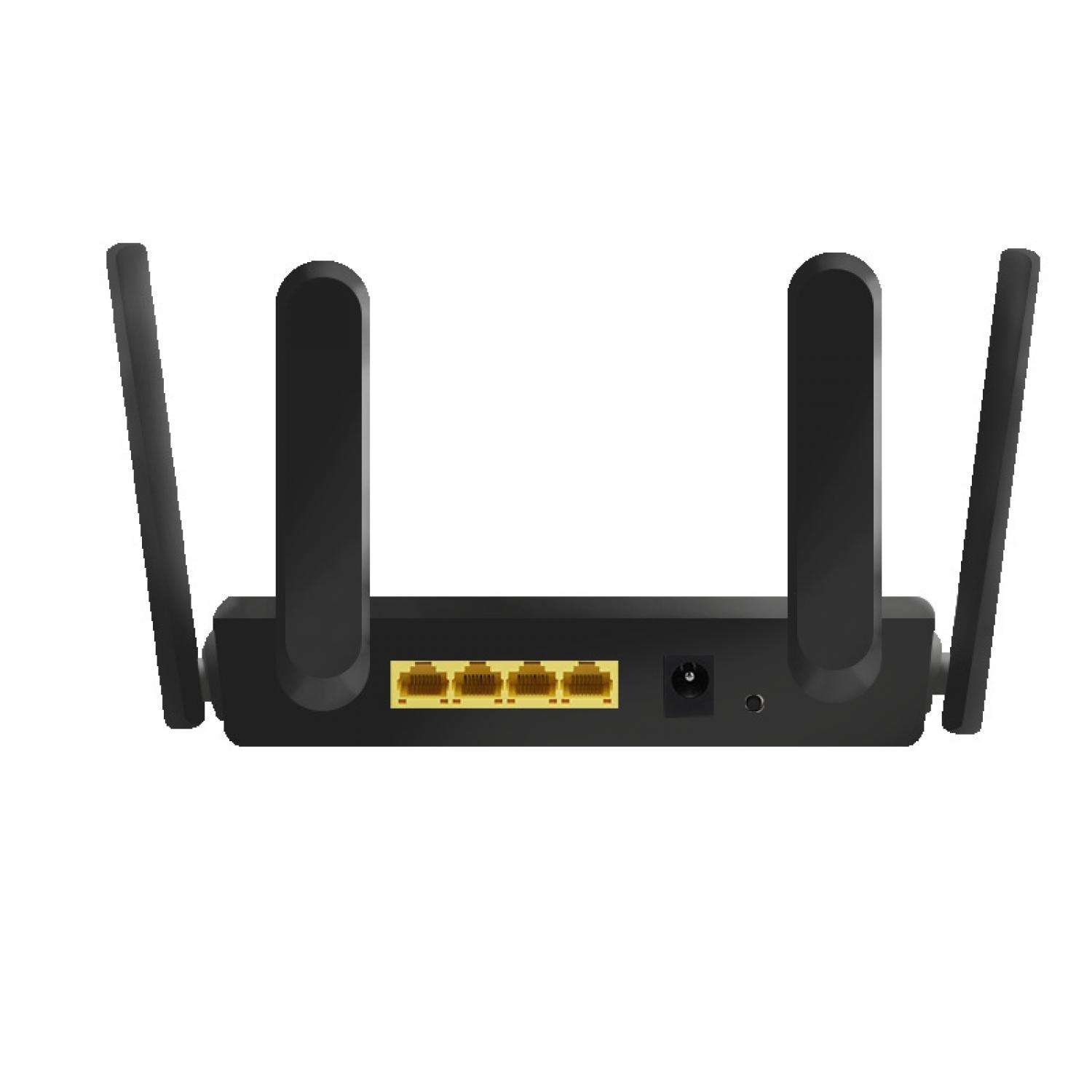 Schwarzer Router mit vier gelben Ethernet-Anschlüssen und zwei Antennen.