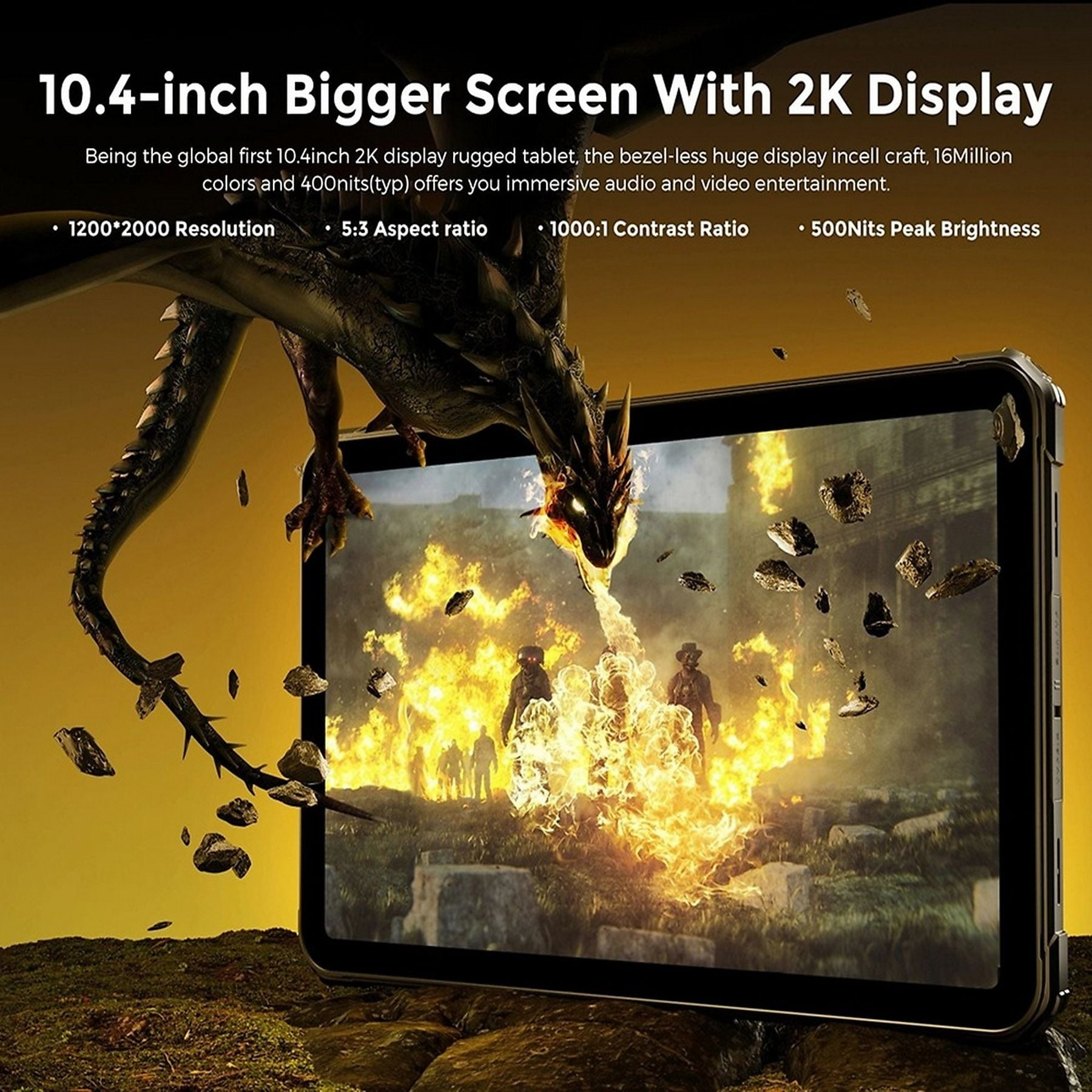 Un dragón escupe fuego a personas frente a una tableta con pantalla 2K.