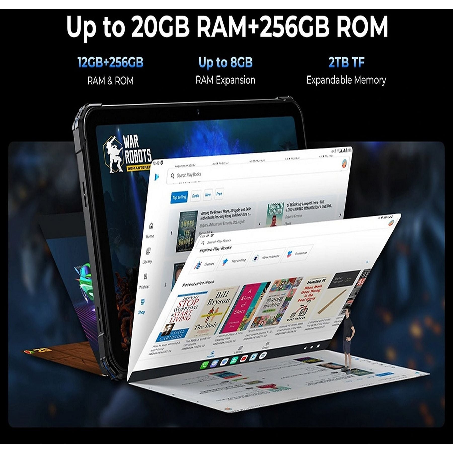 Una tablet muestra varias aplicaciones abiertas, incluyendo juegos y libros. El texto resalta RAM/ROM.