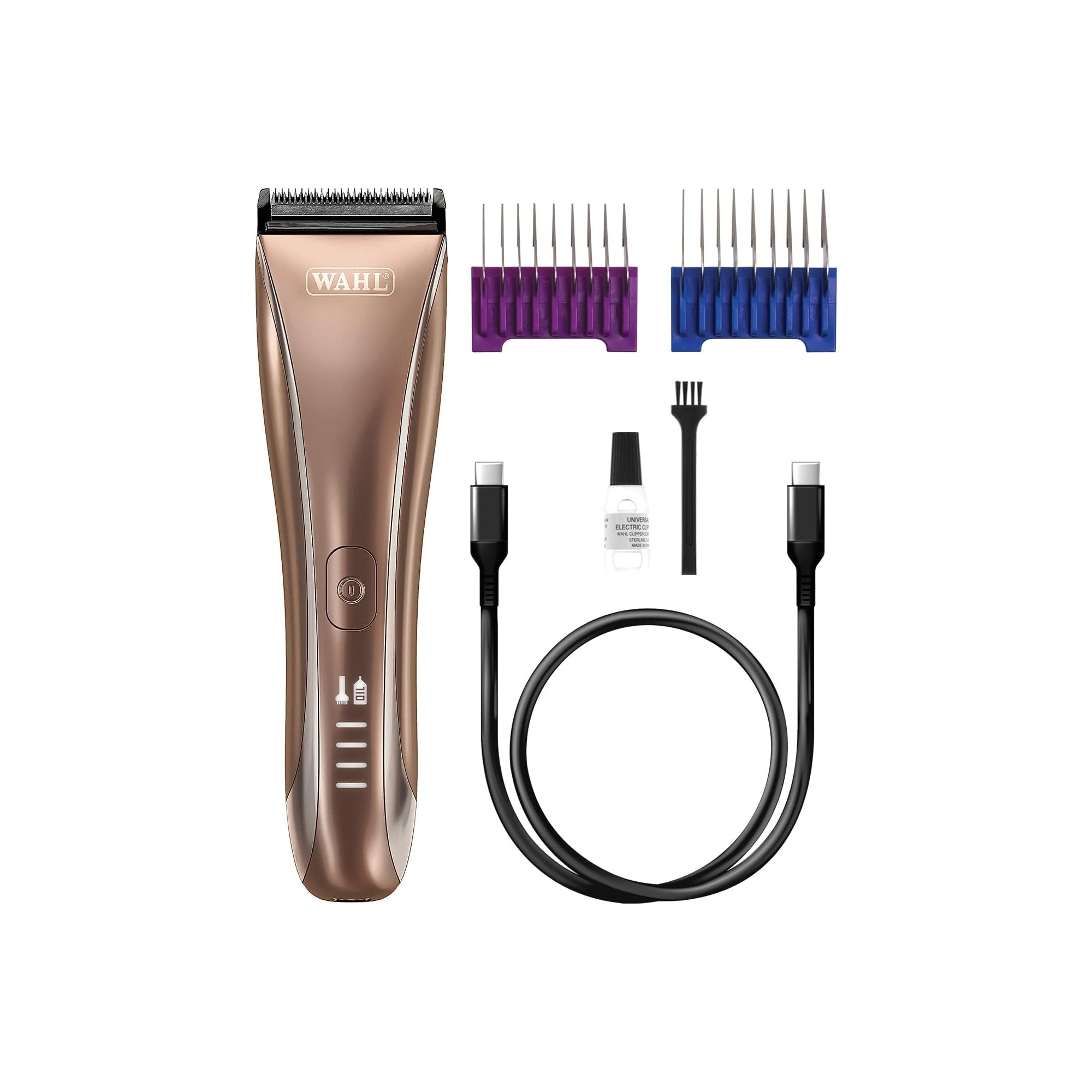 Ein roségoldener Wahl Haarschneider mit Zubehör: Ladekabel, Öl, Bürste, Lichter.
