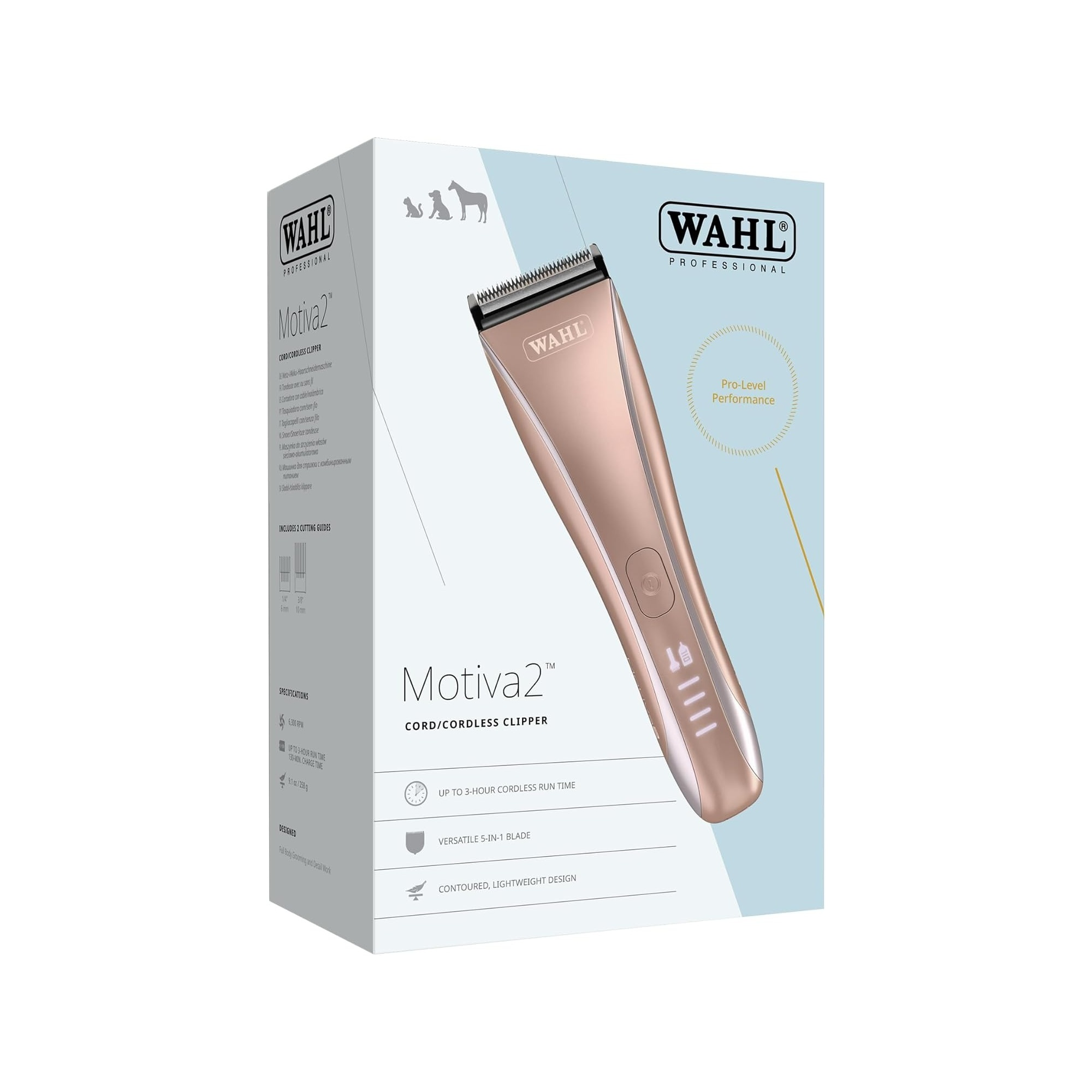 Wahl Motiva2 Cordless Clipper in Roségold auf Verpackung mit Tierbildern.