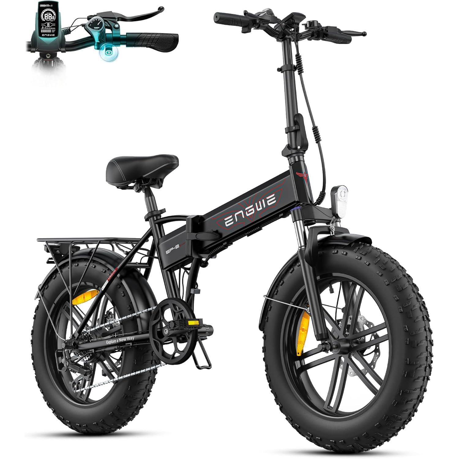 Bicicleta eléctrica plegable negra con neumáticos anchos, portaequipajes y pantalla digital.